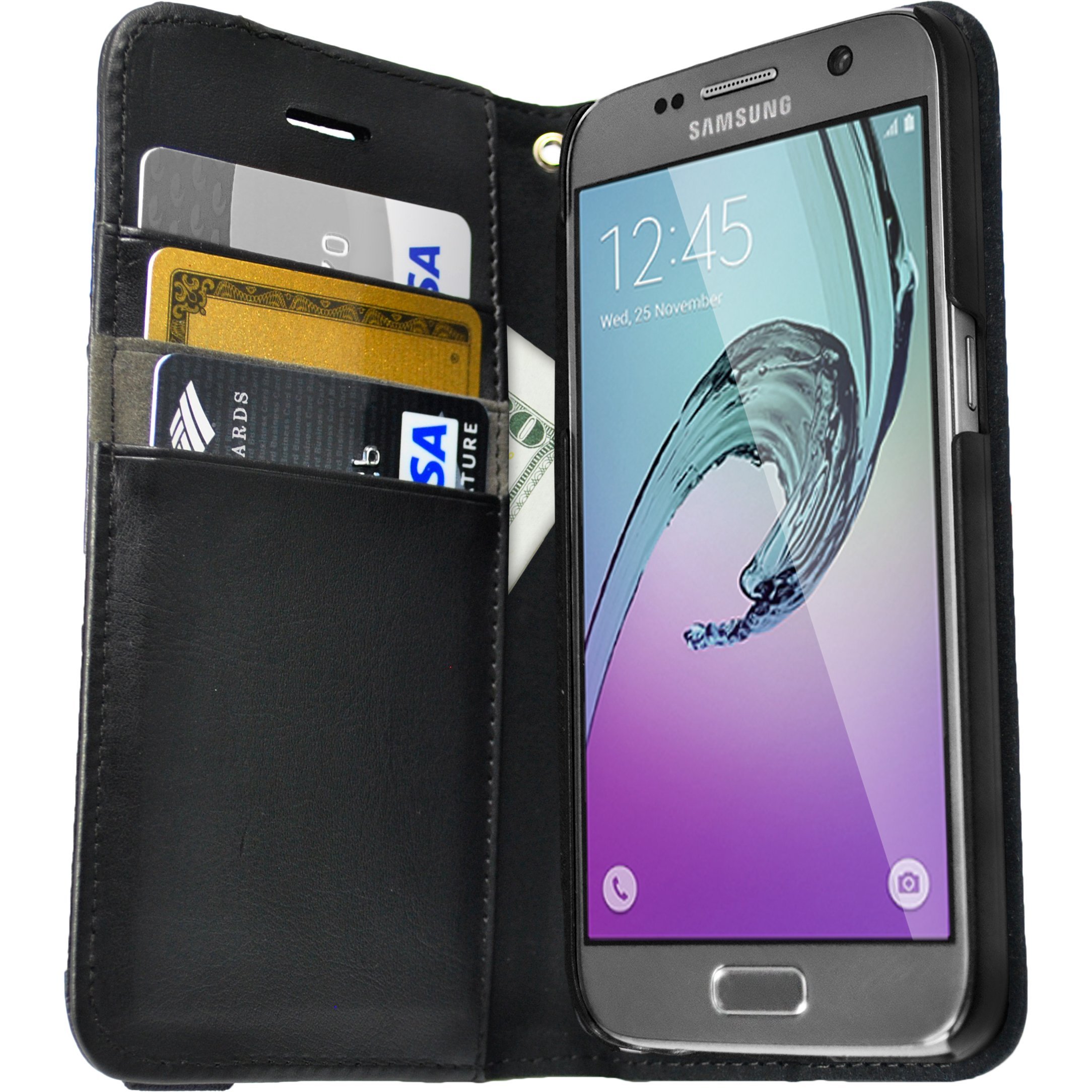 Smartish Galaxy S7 Wallet Case - Genuine Leather Flip Cover with Card Slots & Kickstand | Slim Protective Phone Case for Samsung Galaxy S7 | Perfect for Business, Travel & Everyday Use (Black Onyx)
