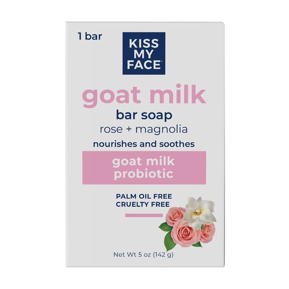 Kiss My Face Goat Milk Bar Soap - Rose & Magnolia Scented Probiotic Soap - Cruelty Free, Palm Oil Free, Natural Moisturizing Soap for Dry Skin - Perfect for Sensitive Skin & Daily Body Care (Pack of 1)
