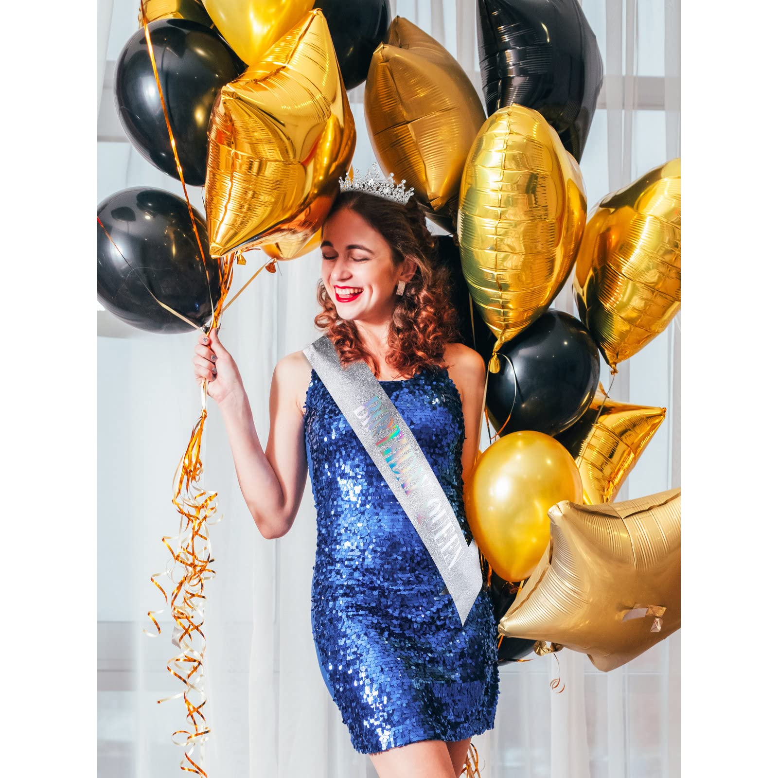 BIRTHDAY QUEEN Sash & Tiara Set for Women - Crystal Rhinestone Crown with Comb & Silver Glitter Satin Sash - Prom Party Hair Accessories & Cake Topper Kit (Silver Set) - Perfect for Birthday Celebrations, Bachelorette Parties & Special Events