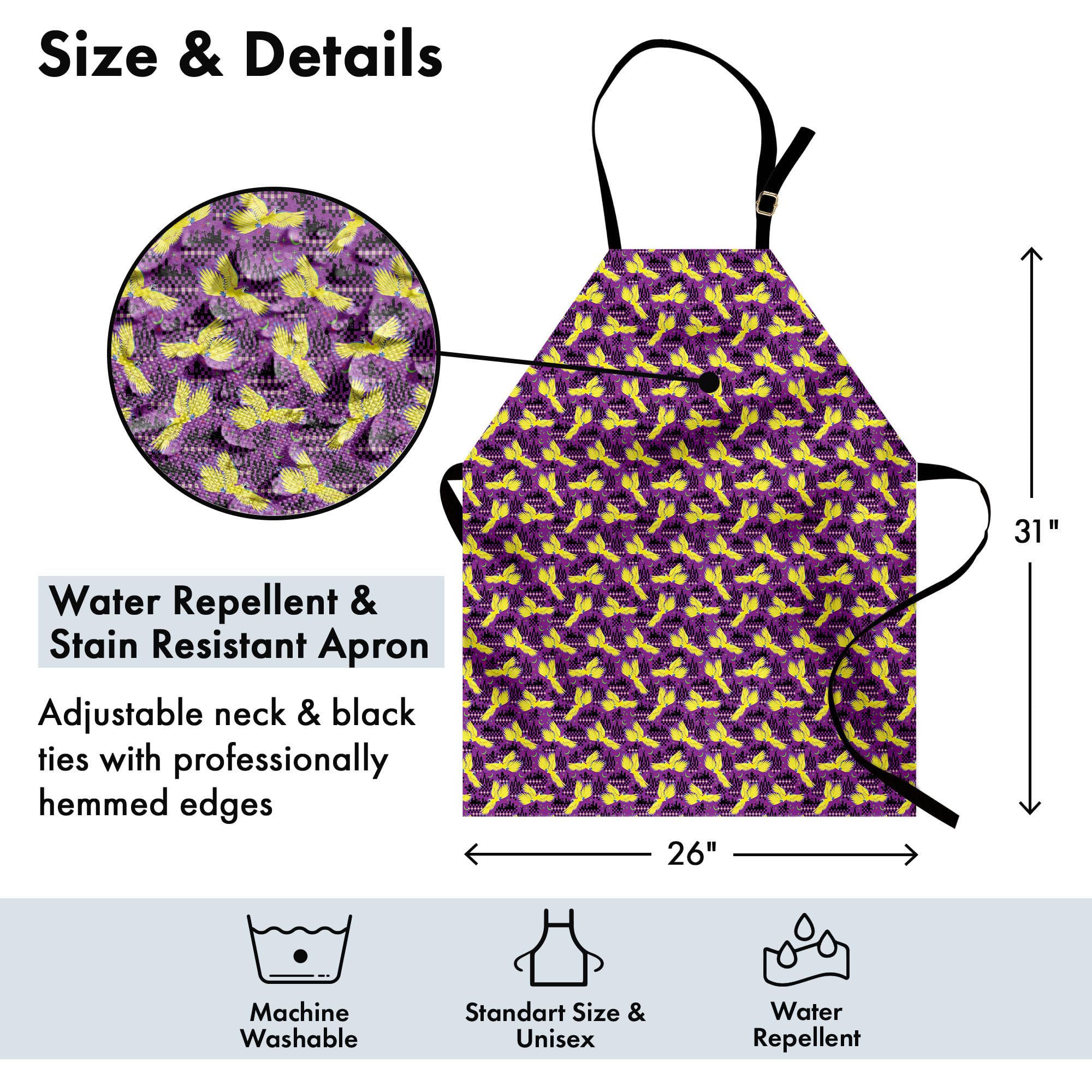 Ambesonne Tropical Apron - Exotic Parrot Birds Design with Oriental Boho Backdrop | Adjustable Neck Unisex Kitchen Bib for Cooking, Baking & Gardening | Adult Size Mustard Dark Grey & Purple | Perfect for Home Chefs, BBQ Parties & Outdoor Activities