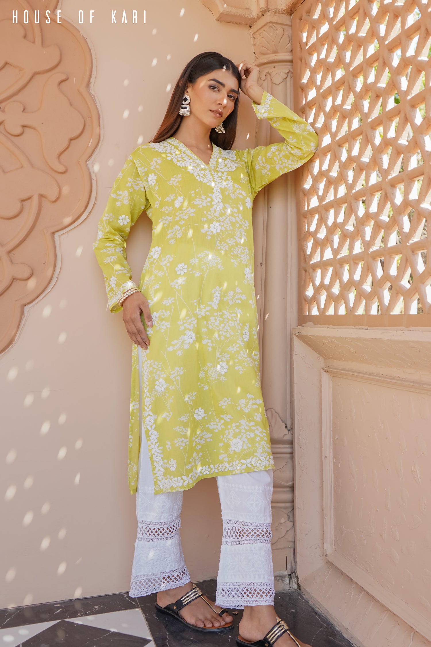Mul Cotton Chikankari Long Kurta for Women - Green Embroidered Traditional Indian Tunic - Perfect for Festivals, Weddings & Casual Wear
