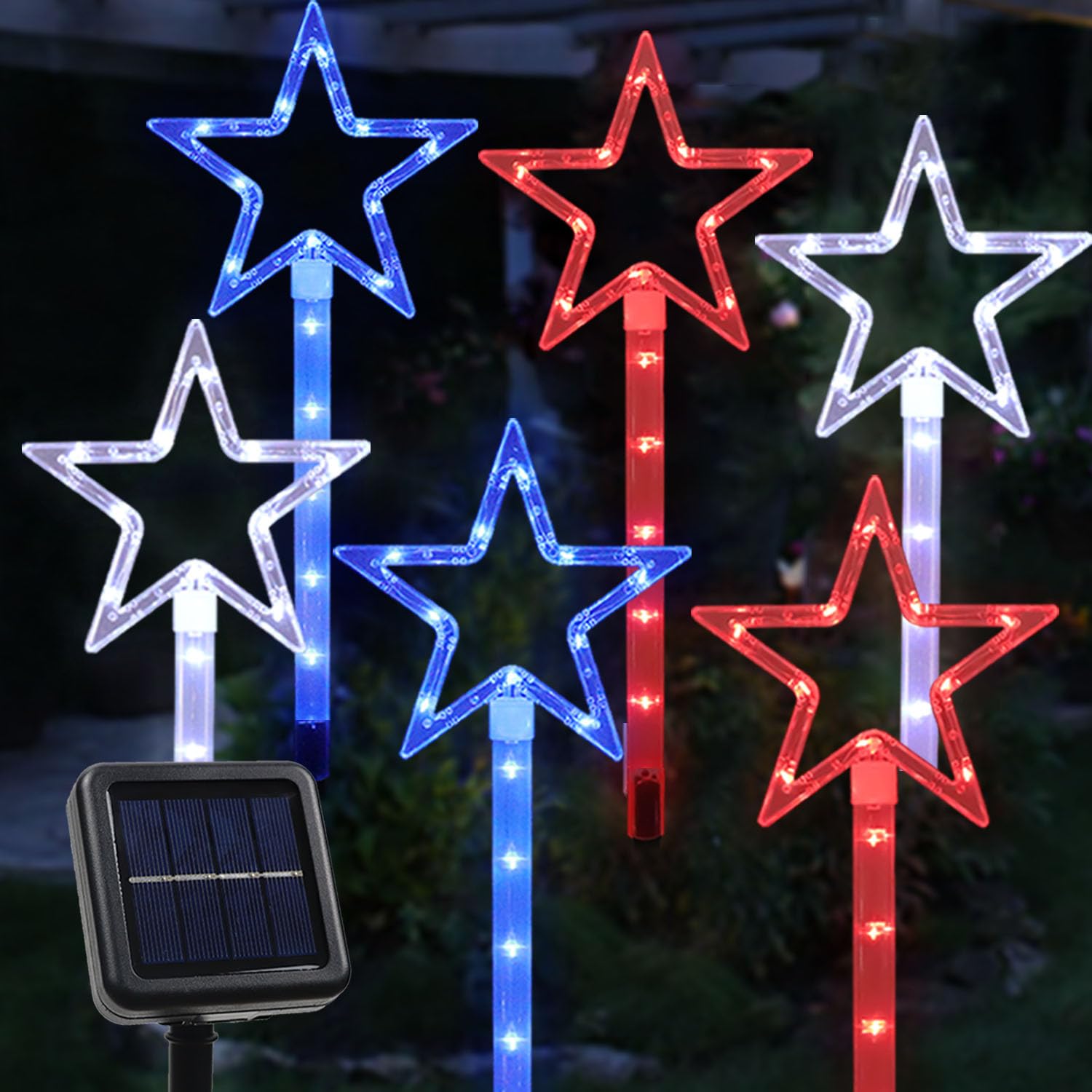 4th of July Solar Lights Outdoor Decorations - 6-Pack Red White Blue Big Star Patriotic Lights, Waterproof Memorial Day Garden & Yard Decor for Pathway, Lawn, Grave - Perfect for Independence Day, Veterans Day & Backyard BBQs
