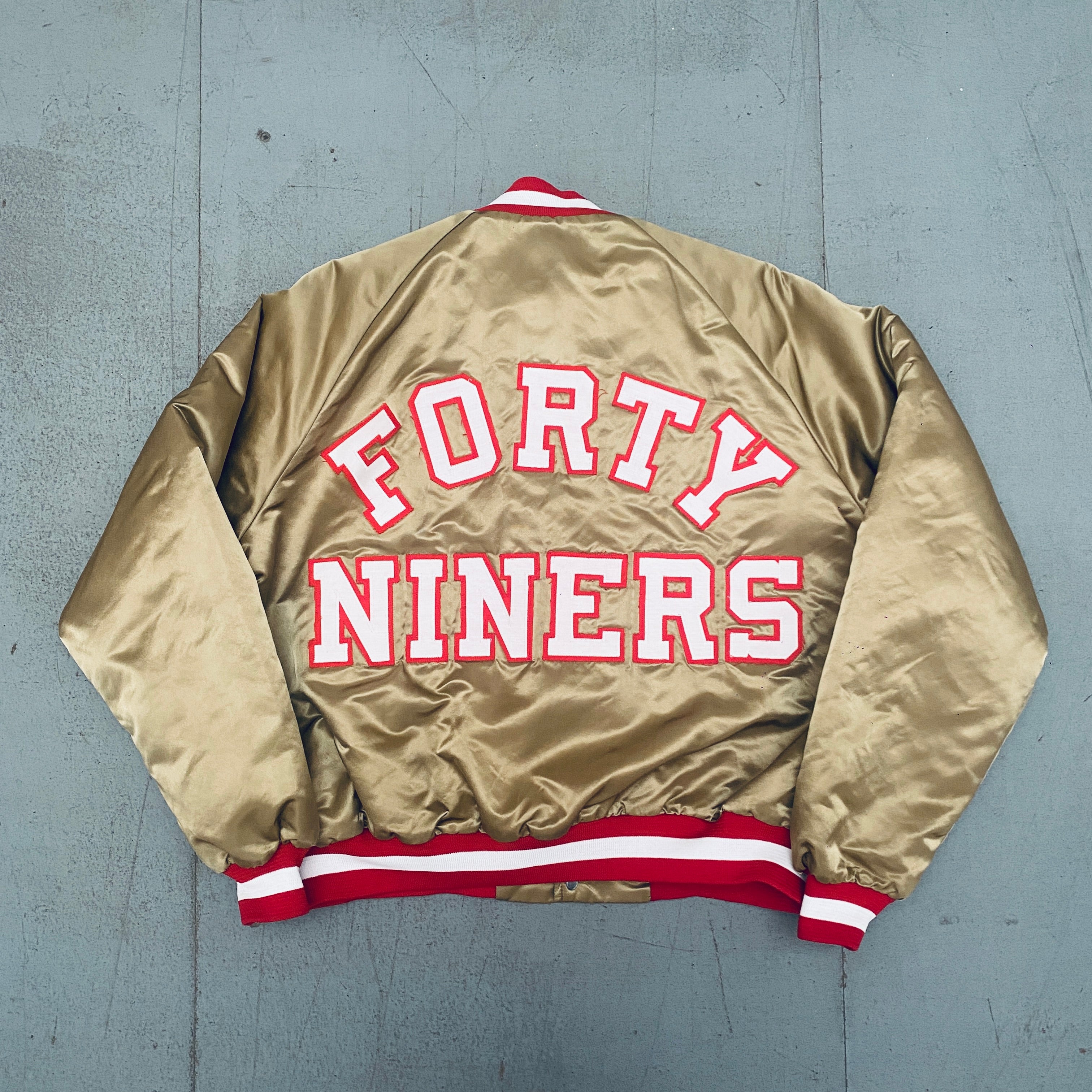 Vintage 1980s San Francisco 49ers Chalk Line Satin Bomber Jacket - Reverse Stitched Spellout Design (XL) | Perfect for NFL Game Days, Sports Events & Retro Fashion Outfits