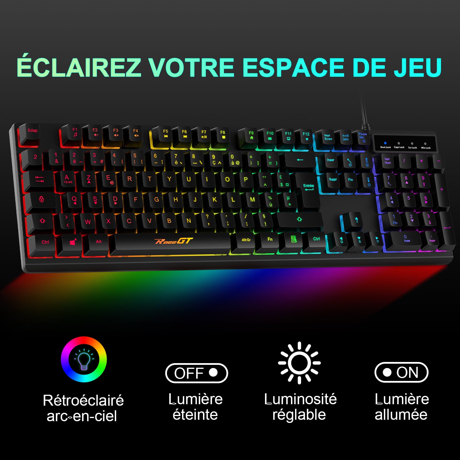 RaceGT Gaming Keyboard and Mouse Combo - Wired Ergonomic Backlit Keyboard with Silent Keys & Numeric Pad - Compatible with Windows, MacOS, Linux (AZERTY Layout, Black) - Perfect for Gaming, Office Work & Programming