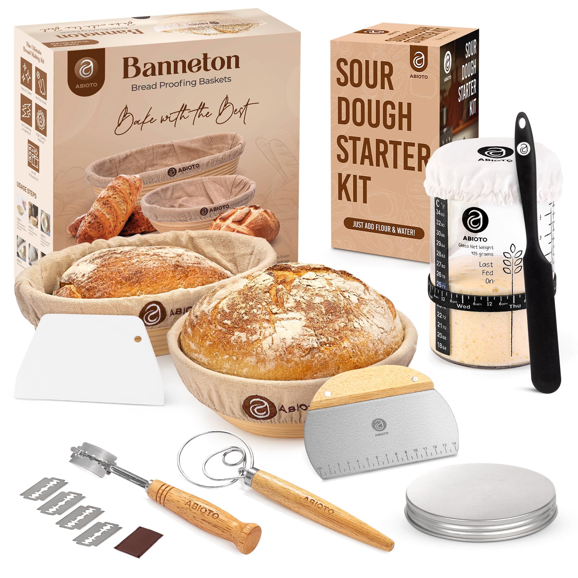Sourdough Bread Baking Kit - Complete Starter Set with Proofing Baskets, Glass Jar, Bread Lame, Scrapers & Danish Whisk | Perfect for Artisan Bread Making at Home, Gifts for Bakers & Sourdough Enthusiasts