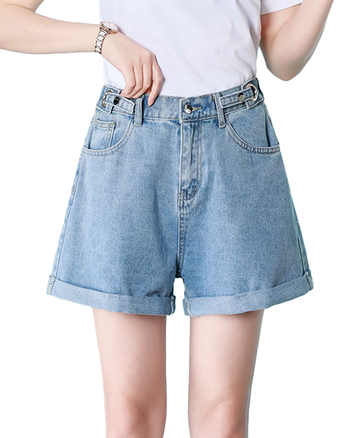 Women's Summer Casual Denim Shorts - Adjustable Elastic Waist, Loose Wide Leg & Rolled Up Hem | Perfect for Beach, Vacation & Everyday Wear