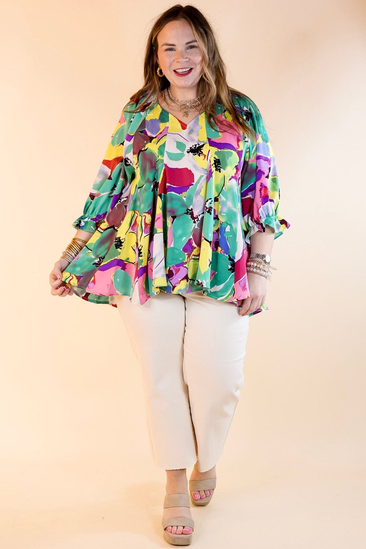 Blooming Love Floral Print V-Neck Blouse with Half Sleeves in Green Mix - Perfect for Spring Outfits, Date Nights & Casual Wear