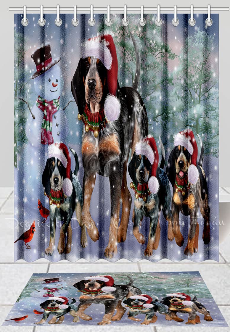 Bluetick Coonhound Dog Themed Anti-Slip Shower Curtain & Bath Mat Set - Christmas Running Family Bathroom Decor, Plush Polyester Rug with Hooks (Mat 16''x28'', Curtain 72''x72'') - Perfect for Dog Lovers' Bathroom, Holiday Gift & Cozy Home Decor