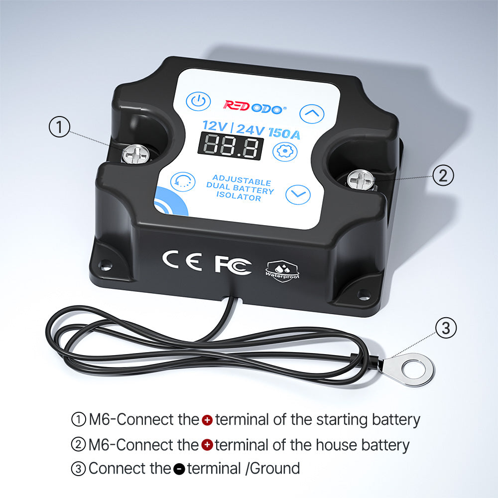 Redodo 12V/24V 150A Adjustable Dual Battery Isolator (VSR) - Auto Connect/Disconnect Starter & House Batteries with LCD Display - Perfect for RVs, Boats, and Off-Grid Power Systems