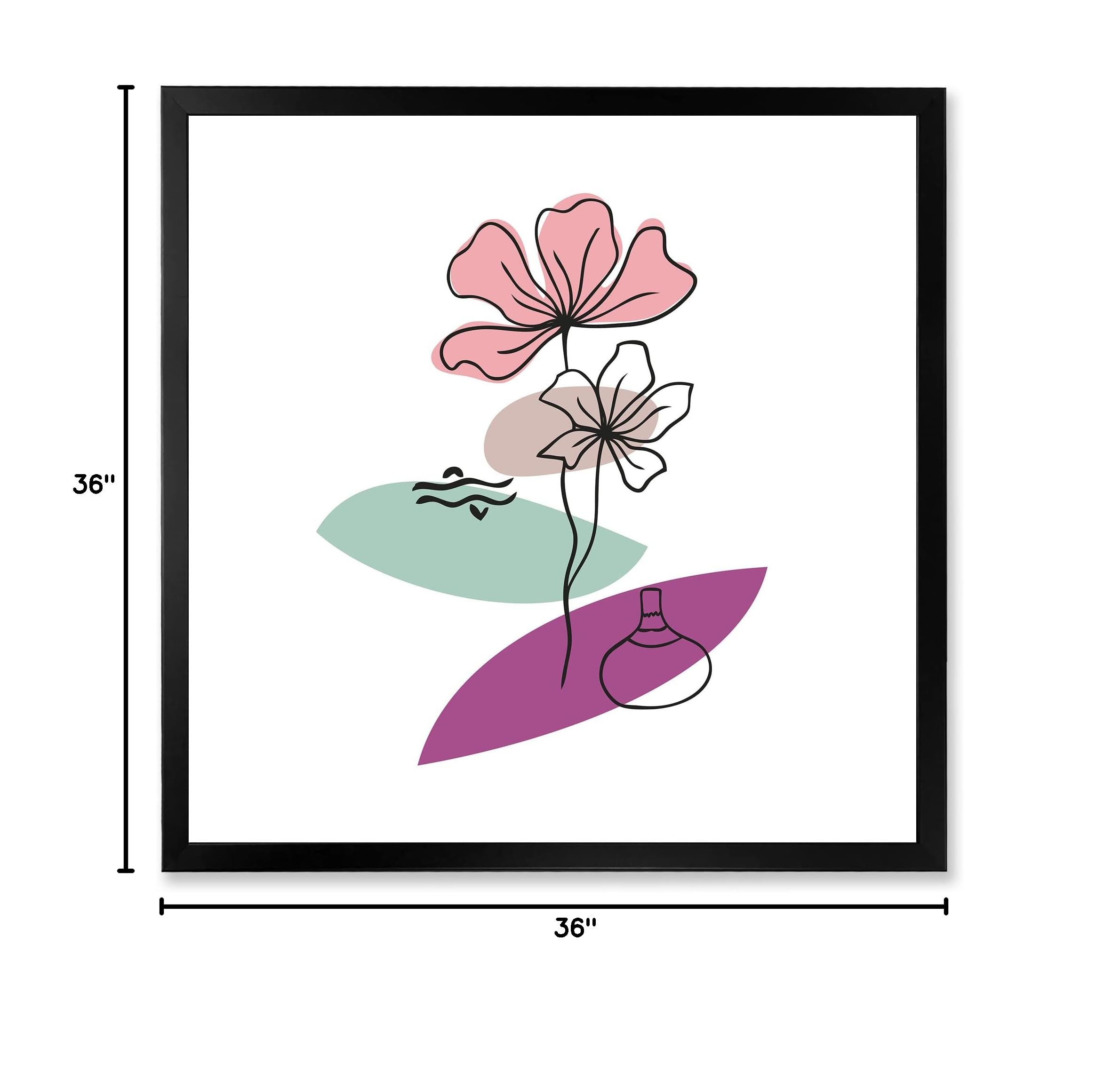 DesignQ Elementary Shapes With Abstract Flowers Plants IV Modern Framed Wall Art - Contemporary Home Decor for Living Room, Bedroom & Office