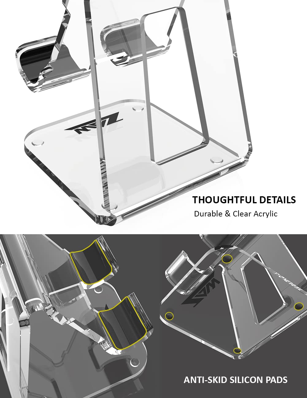 ZAW Clear Acrylic Cell Phone Stand for Desk – 4MM Thick Phone Holder Compatible with iPhone 15/14 Pro & Samsung S24/S23 – Perfect for Office, Home & Travel (1-Pack)