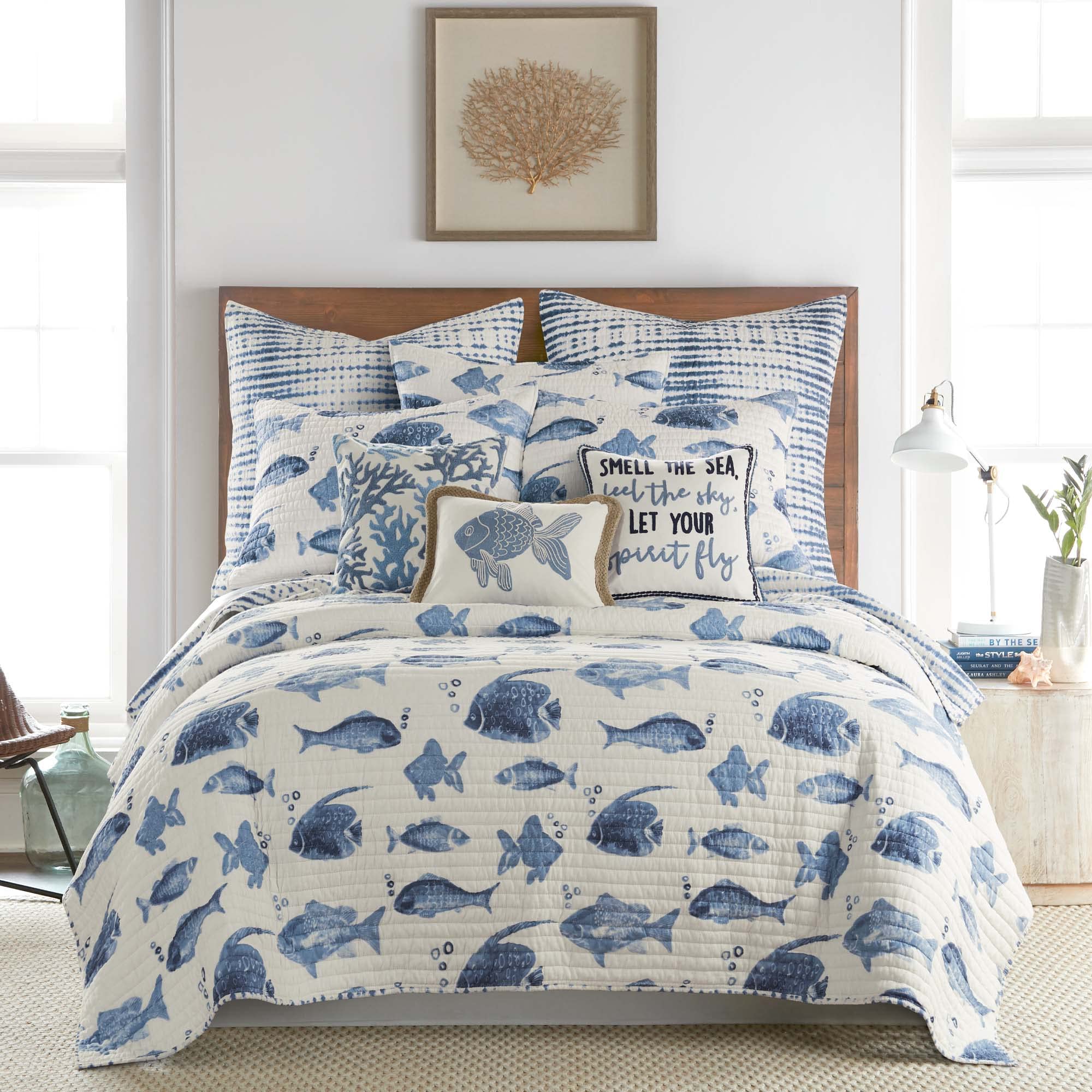 Levtex Home Pataya Reversible Coastal Quilt Set - Full/Queen Size (88x92) with 2 Standard Pillow Shams (20x26) - Indigo Blue & Cream Cotton Bedding - Perfect for Beach House, Guest Room or Coastal-Themed Bedroom Decor