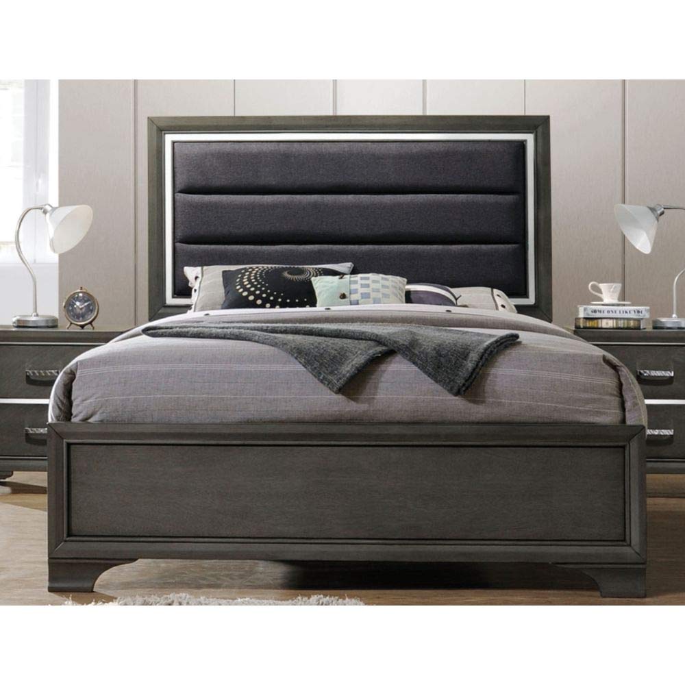 King Size Platform Bed Frame with Fabric Padded Headboard - Low Profile Wooden Footboard & Bracket Legs - Modern Gray Bedroom Furniture for Master Bedroom, Guest Room or Apartment
