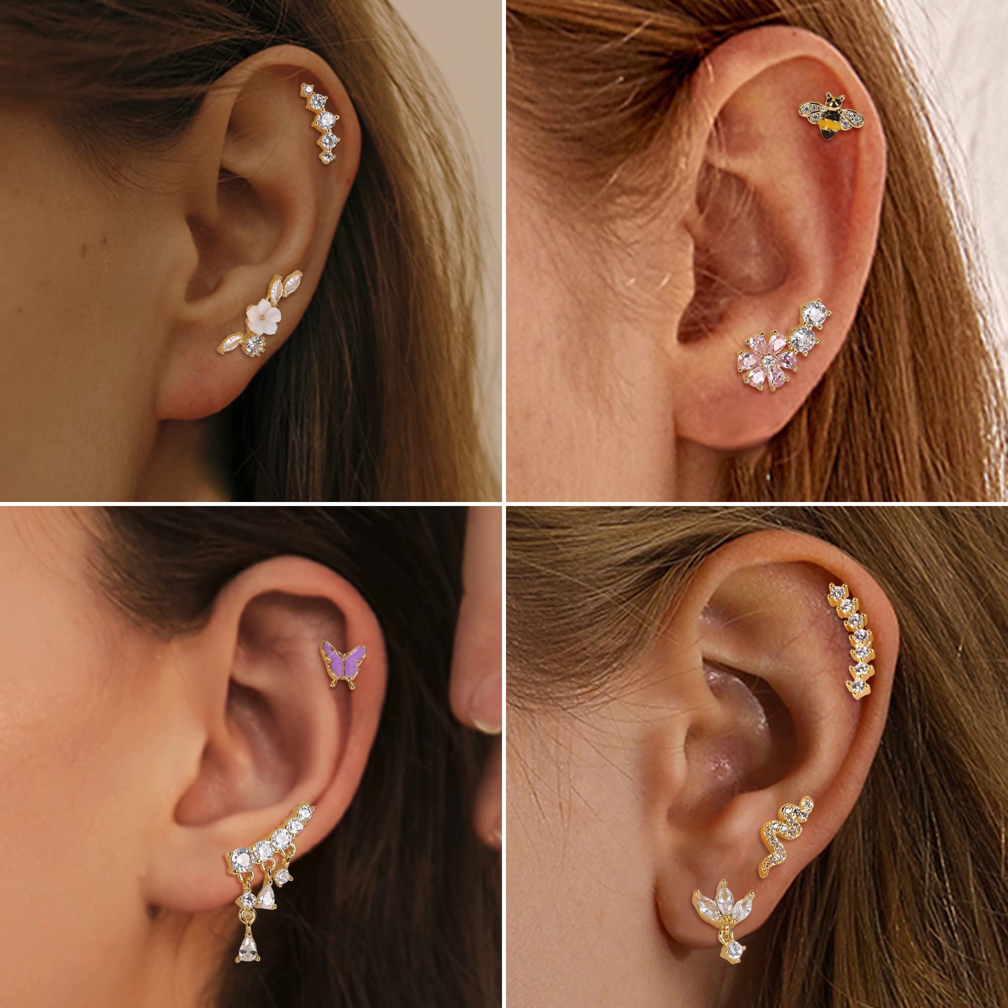Kakonia 16G Stainless Steel Cartilage Earrings for Women - Silver, Gold, Rose Gold & Black Helix & Conch Stud Earrings | Hypoallergenic Piercing Jewelry for Everyday Wear & Special Occasions