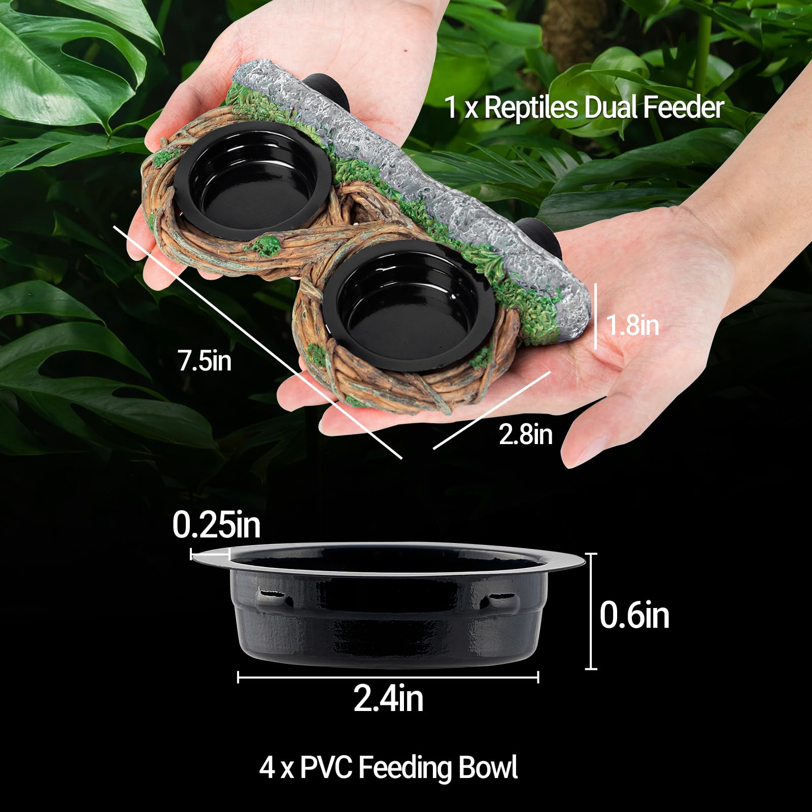 REPTI ZOO Magnetic Reptile Feeding Ledge - Gecko Feeder Ledge with 4 Cups, Hollow Vine Food Dish & Water Bowl for Bearded Dragon, Lizard, Snake - Terrarium Tank Accessories for Easy Feeding & Hydration in Reptile Habitats