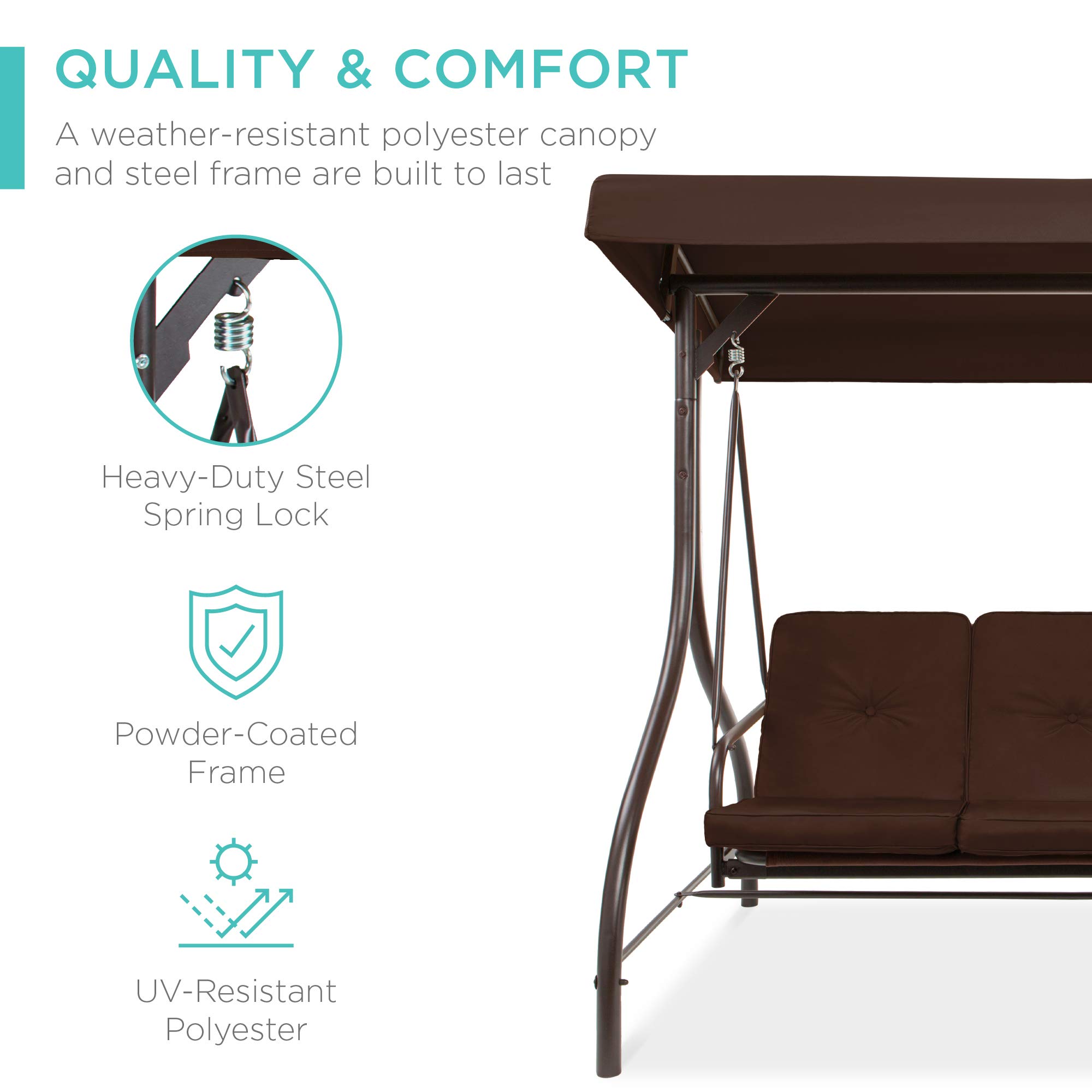 Best Choice Products 3-Seat Outdoor Patio Swing with Canopy - Convertible Glider Bench, Hammock Lounge Chair for Porch, Backyard, Garden w/ Adjustable Shade & Removable Cushions - Perfect for Relaxing, Reading & Outdoor Entertaining - Brown