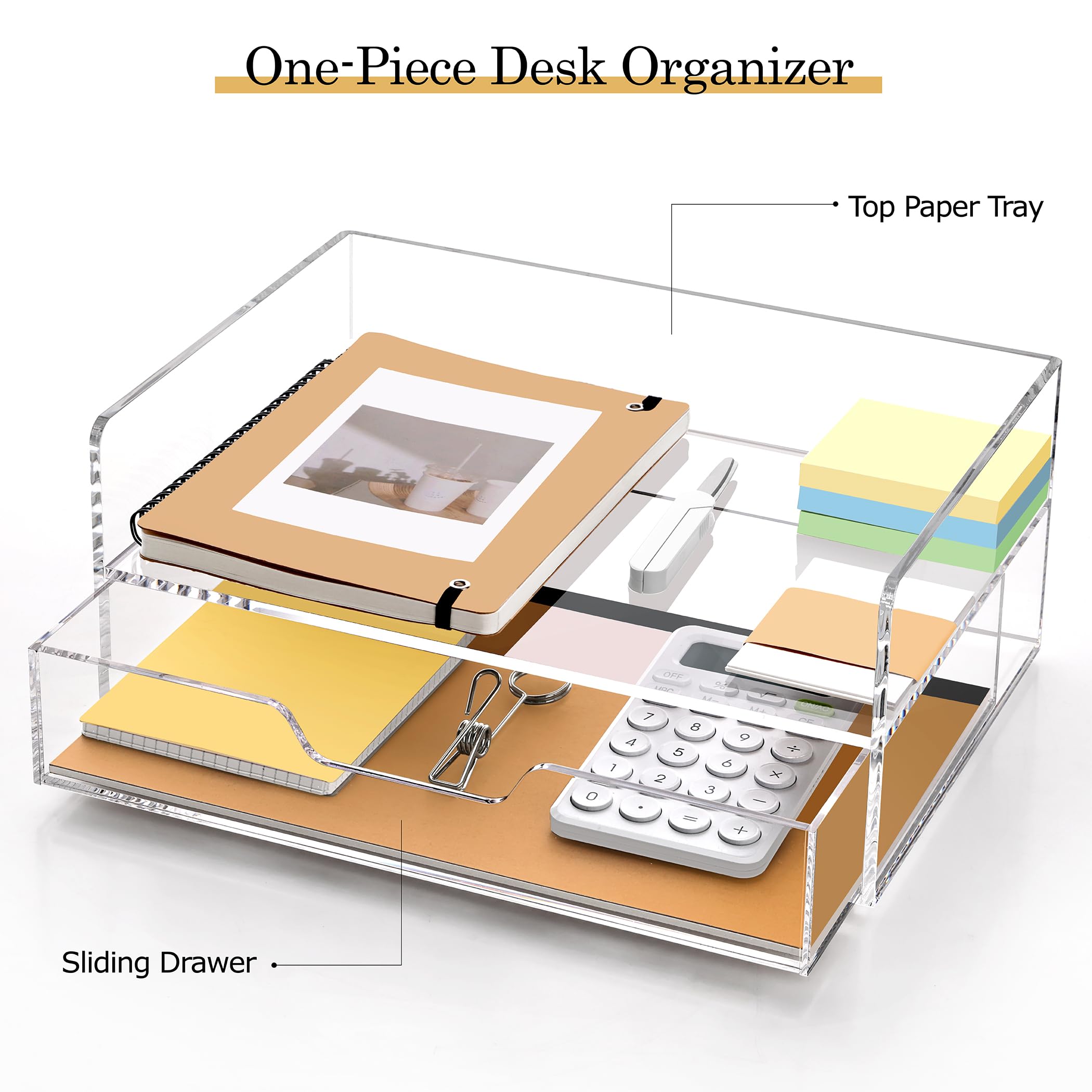 SANRUI 2-Tier Clear Acrylic Desk Organizer with Sliding Drawer - Stackable File & Paper Organizer for Office, Home, School - Perfect for Documents, Stationery & Office Supplies Storage