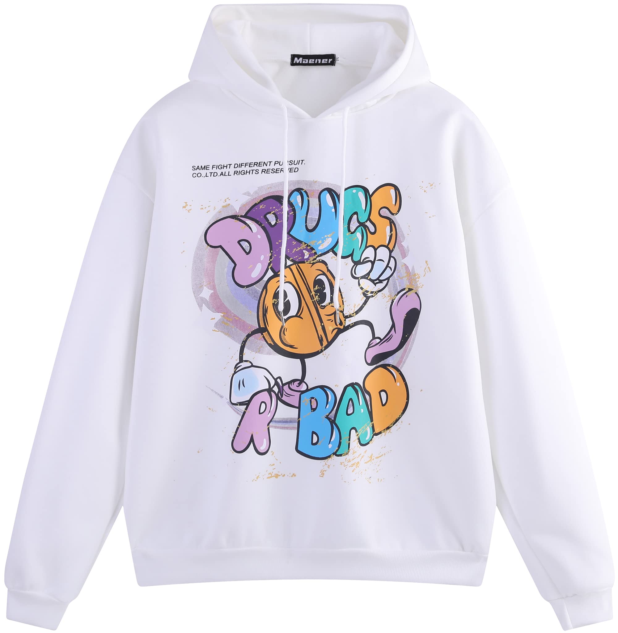 Maener Novelty Hoodie - 'Drugs R Bad' Cartoon Graphic Hooded Pullover for Men & Women | Unisex Streetwear | Casual Wear, College Outfits & Funny Gift Idea