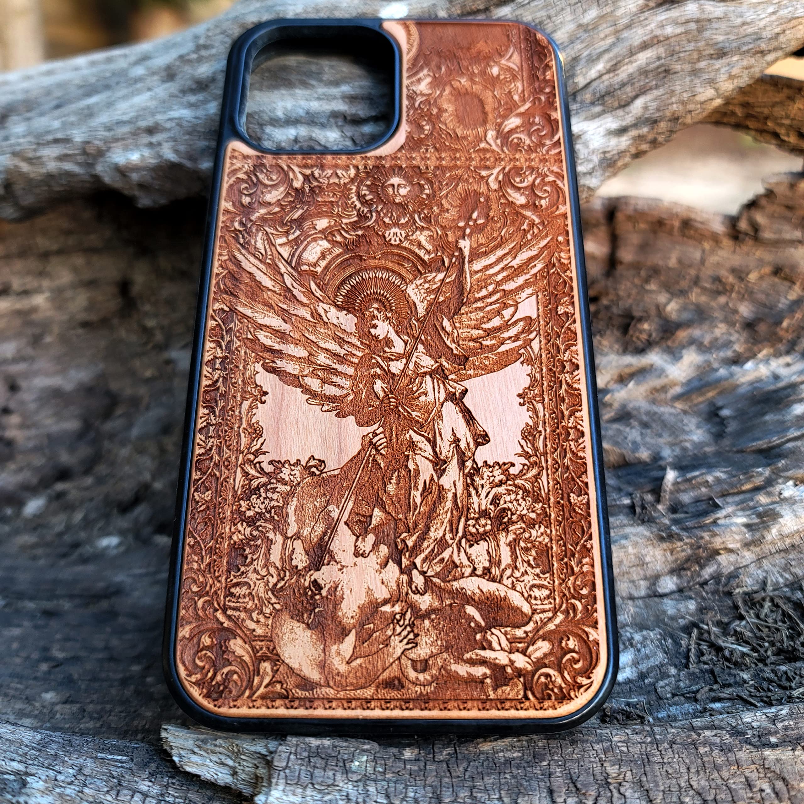 Saint Michael the Archangel Laser Engraved Wooden Phone Case for iPhone 16/15/14/13/12/11 Pro Max Mini & Galaxy S25/S24/S23/S22/S21/S20 Ultra Plus - Eco-Friendly Slim Durable Wood Cover - Perfect Gift for Religious Protection & Daily Use