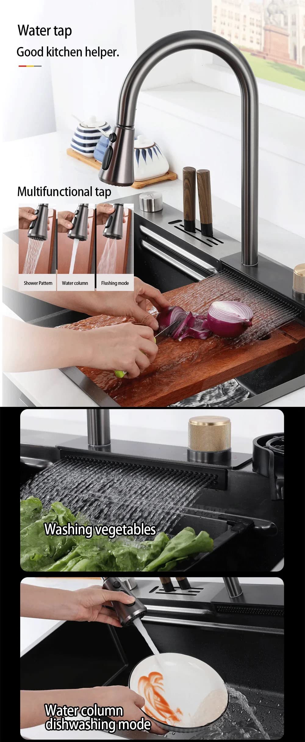 32x18x9 Inch 304 Stainless Steel Kitchen Sink with Pull Down Faucet - Black Matte Single Bowl Sink with Cutting Board, Knife Holder & 2 Fruit Baskets | Perfect for Modern Kitchens, Restaurant Prep & Small Space Cooking Areas
