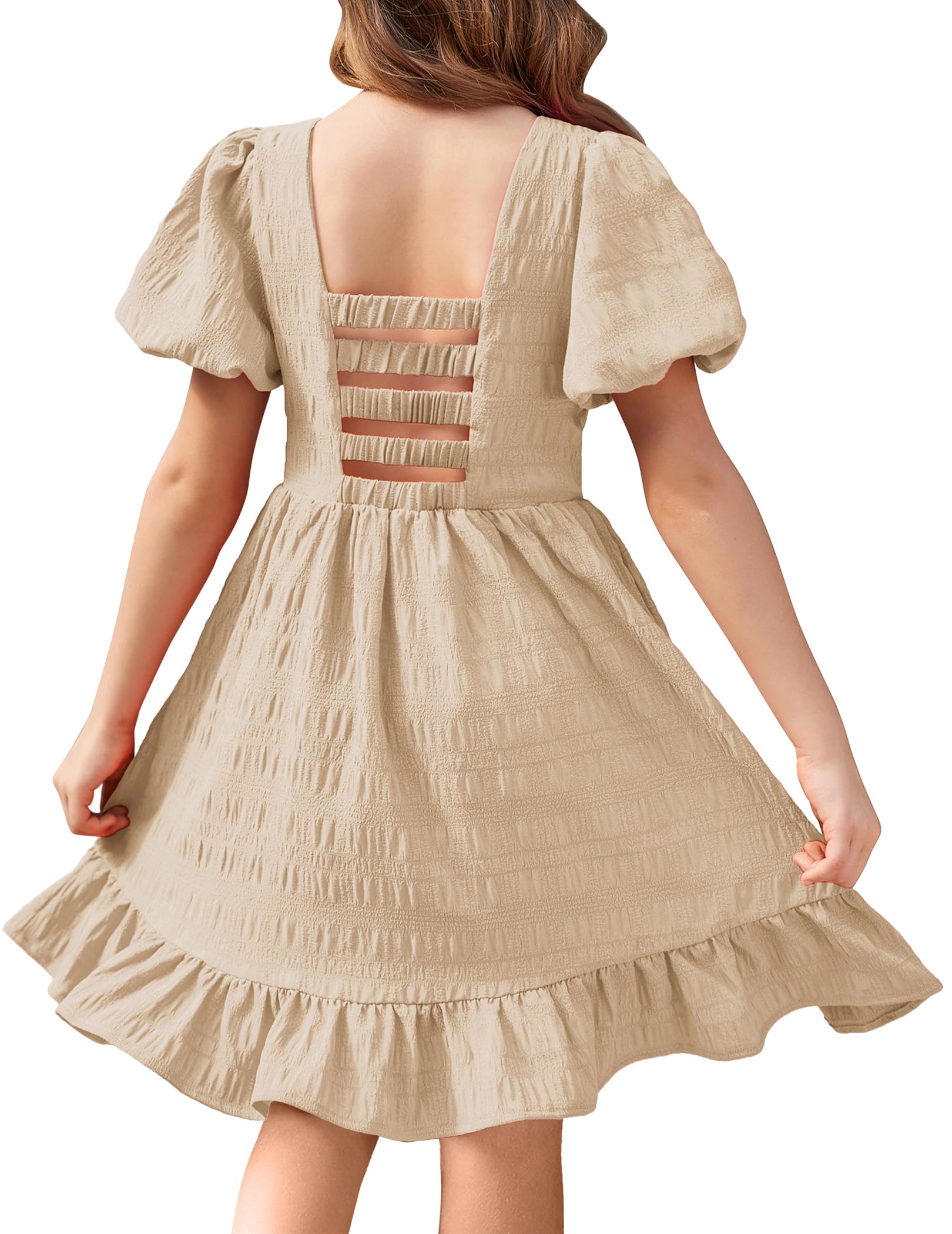 Arshiner Girls Backless Summer Dress - Short Sleeve Square Neck Ruffle Hem Elegant Party Dress for Kids | Birthday, Photo Shoot, Special Occasions