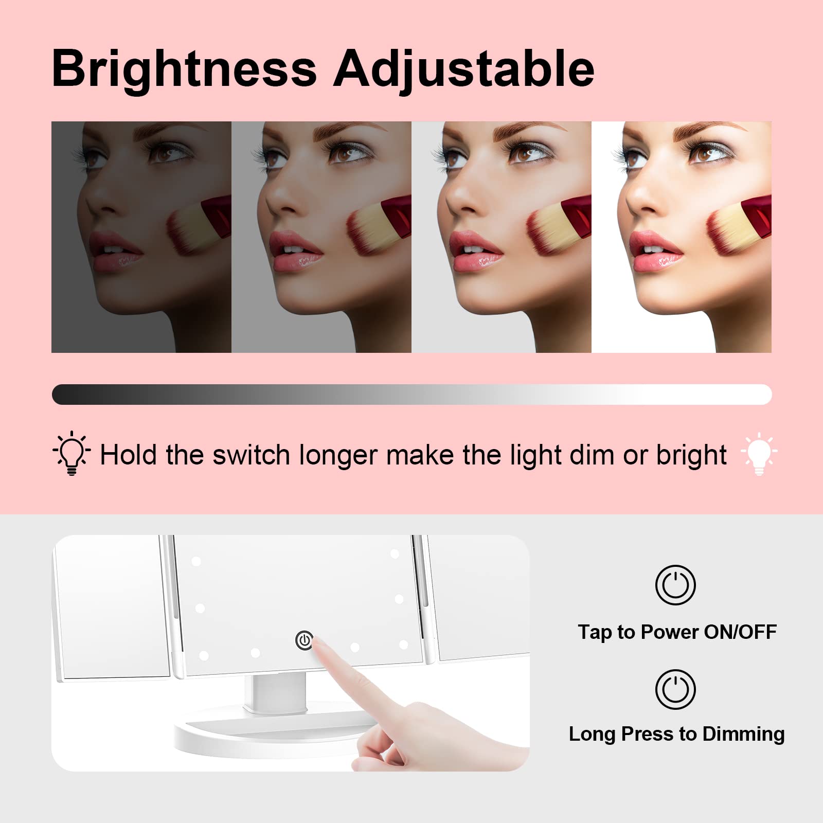Vanity Mirror with Lights - 3-Sided Lighted Makeup Mirror with 2X 3X 10X Magnification, 21 LED Touch Dimming Mirror, Dual Power Supply (AC/USB) - Perfect for Makeup Application, Skincare Routine & Travel - Ideal Gift for Women, White