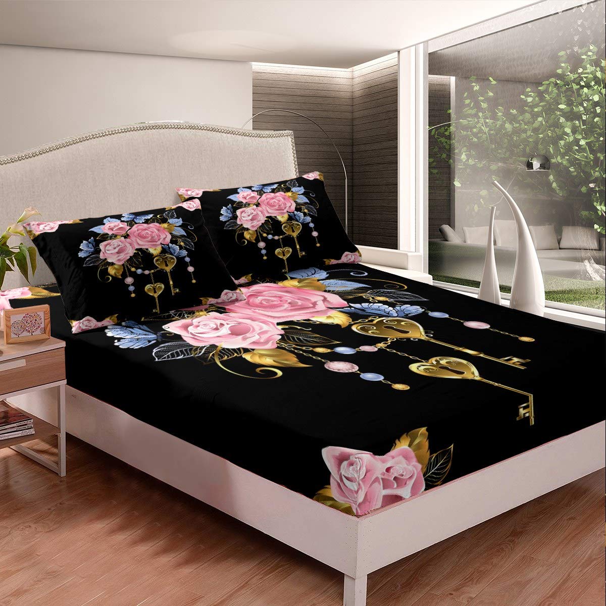 Manfei 3-Piece Pink Floral Microfiber Bedding Set with Dream Catcher & Butterfly Design - Queen Size (1 Fitted Sheet + 2 Pillowcases) for Girls' Bedroom Decor | Soft & Breathable Sheets for Teen Rooms, Dorm Essentials, or Gift Ideas