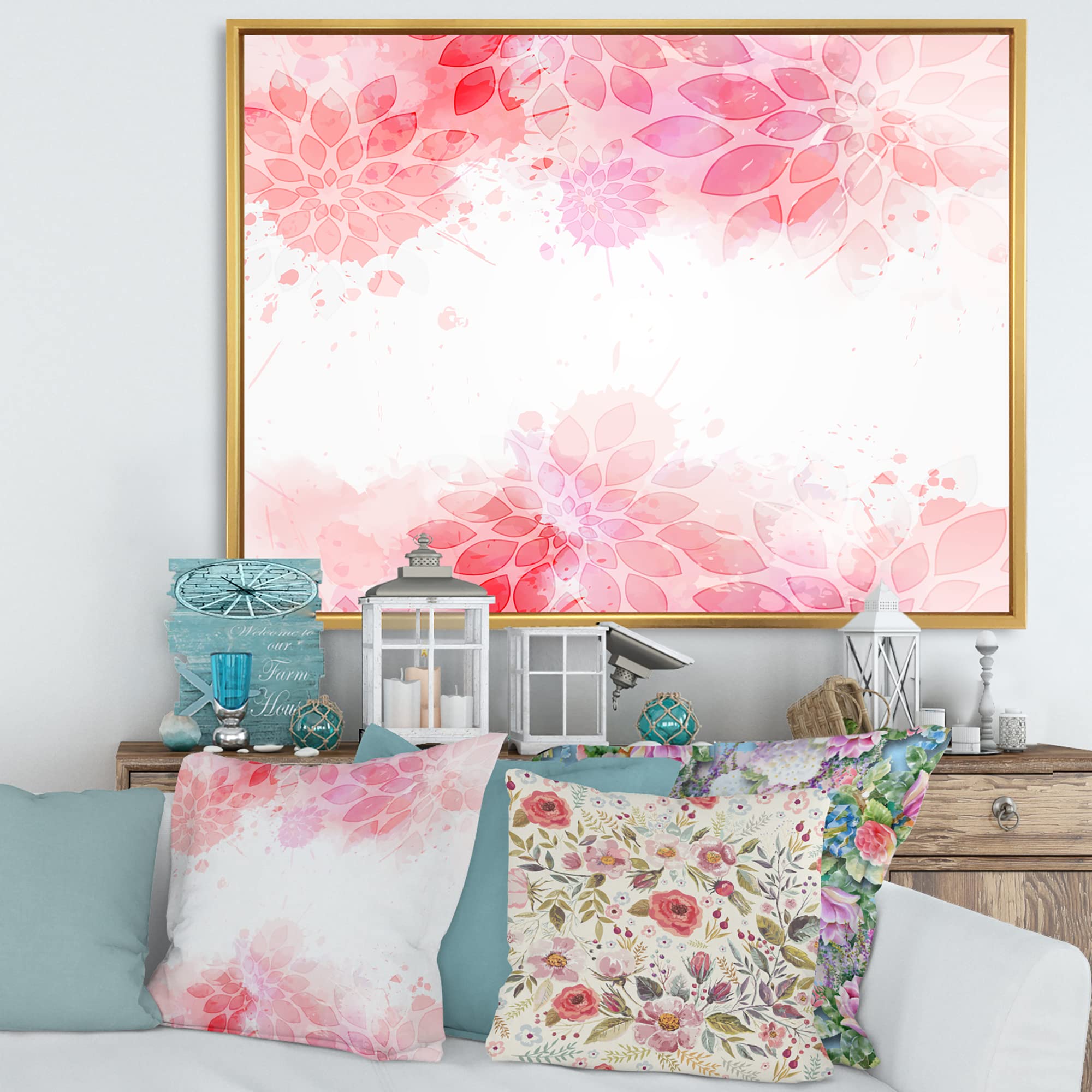 DesignQ Abstract Pink Flowers Splashes II - Modern Framed Canvas Wall Art Print for Living Room, Bedroom & Office Decor | Contemporary Home Wall Decor