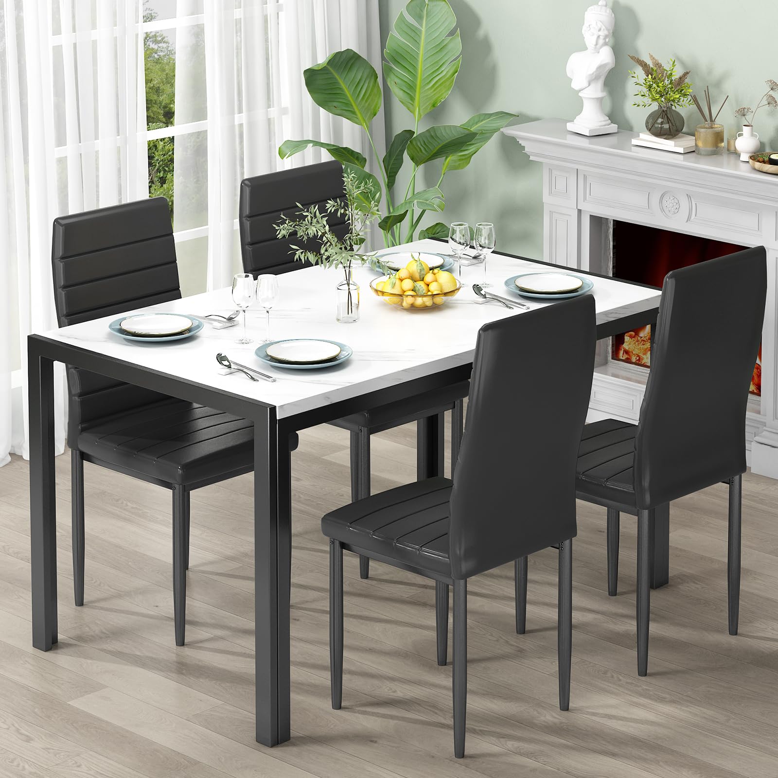 Recaceik 4-Piece Dining Table Set with Faux Marble Top & PU Leather Upholstered Chairs - Modern Kitchen Table and Chairs for Small Space, Perfect for Breakfast Nook, Apartment Dining, and Family Meals