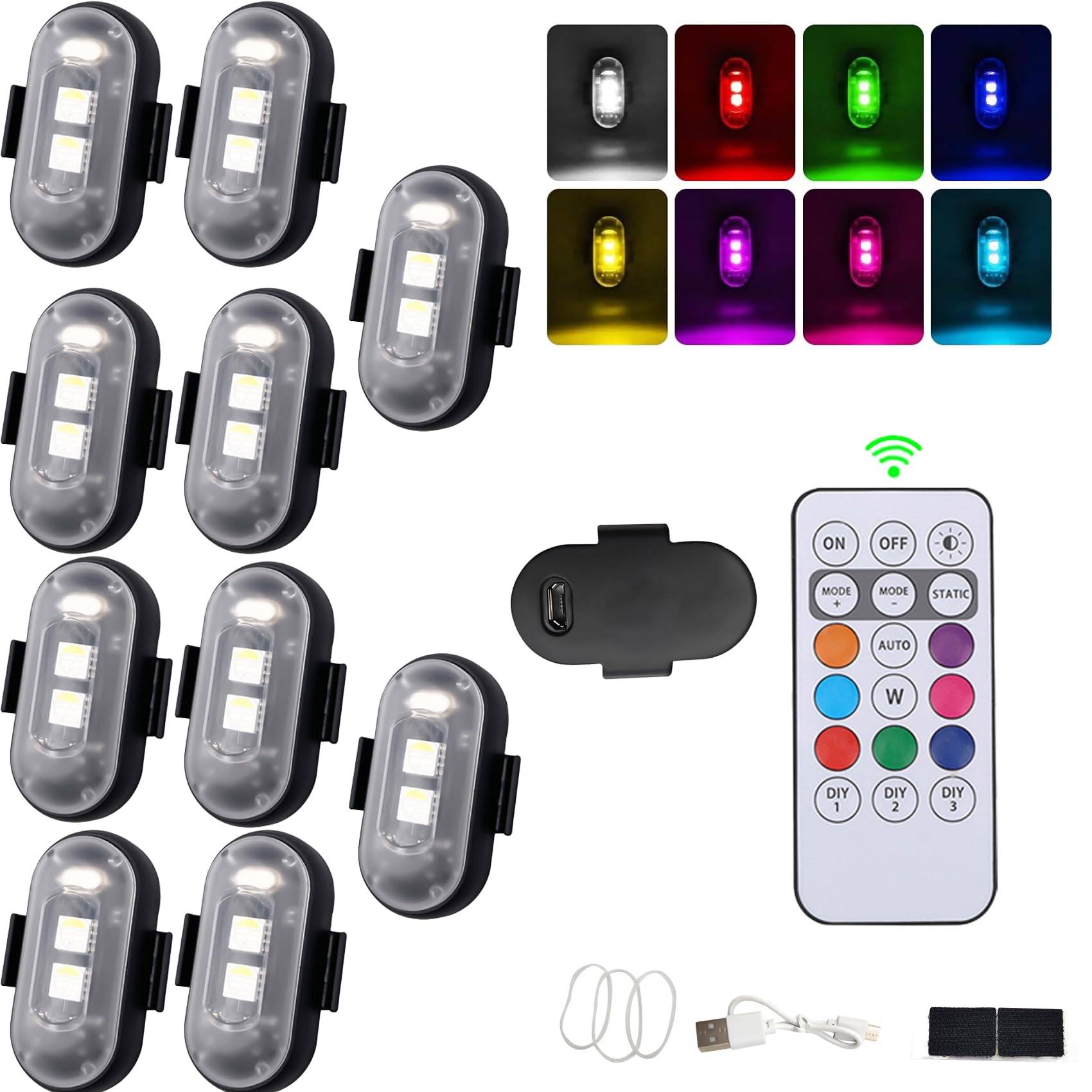 RGB LED Strobe Lights for Motorcycle, Car, Drone - Wireless Remote, Anti-Collision - 10PCs Magic Stickers for Night Riding Safety