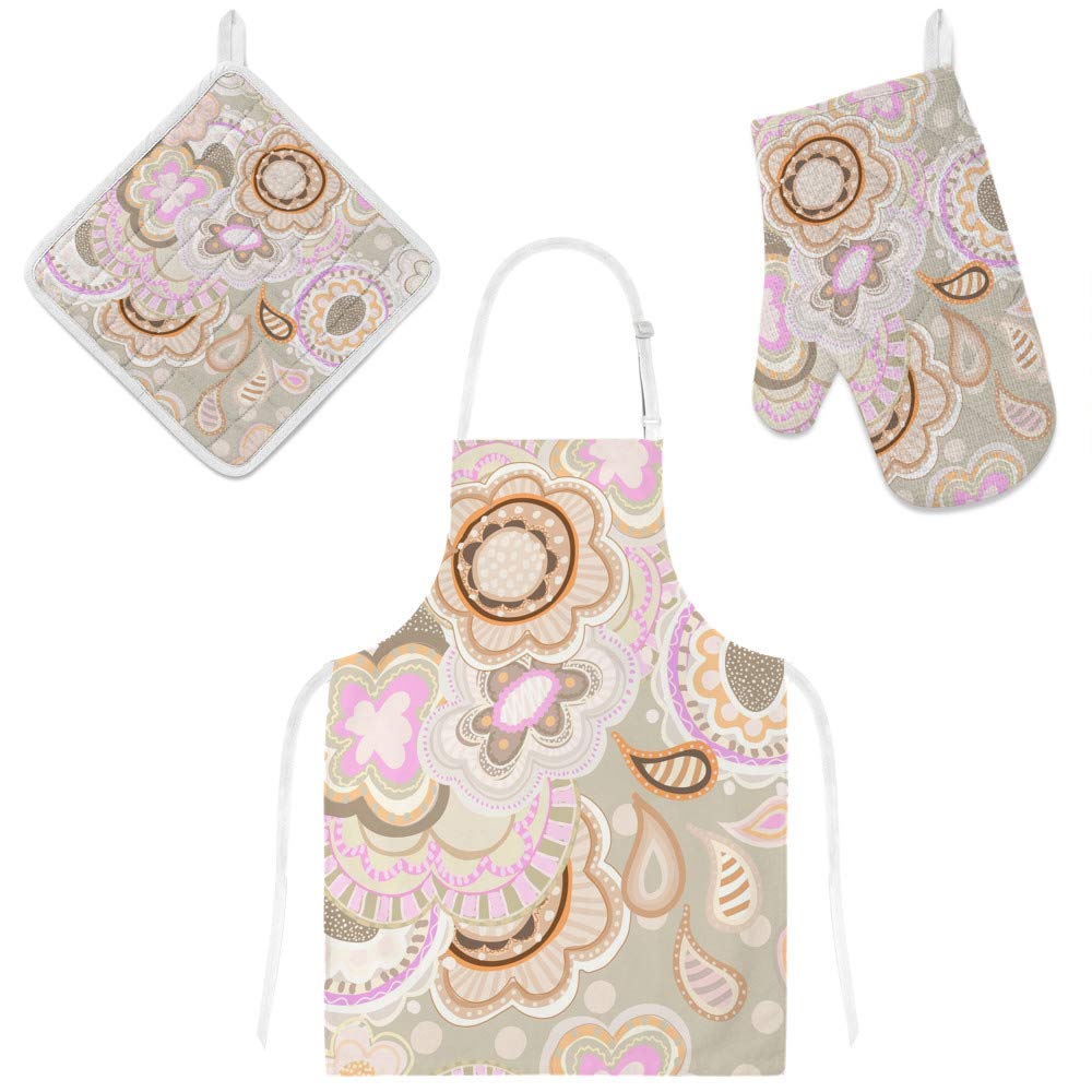 Vintage Floral Mandala Striped Apron with Glove, Oven Mitt & Pot Holder Set - Kitchen Cooking Baking BBQ Accessories for Home & Restaurant Use