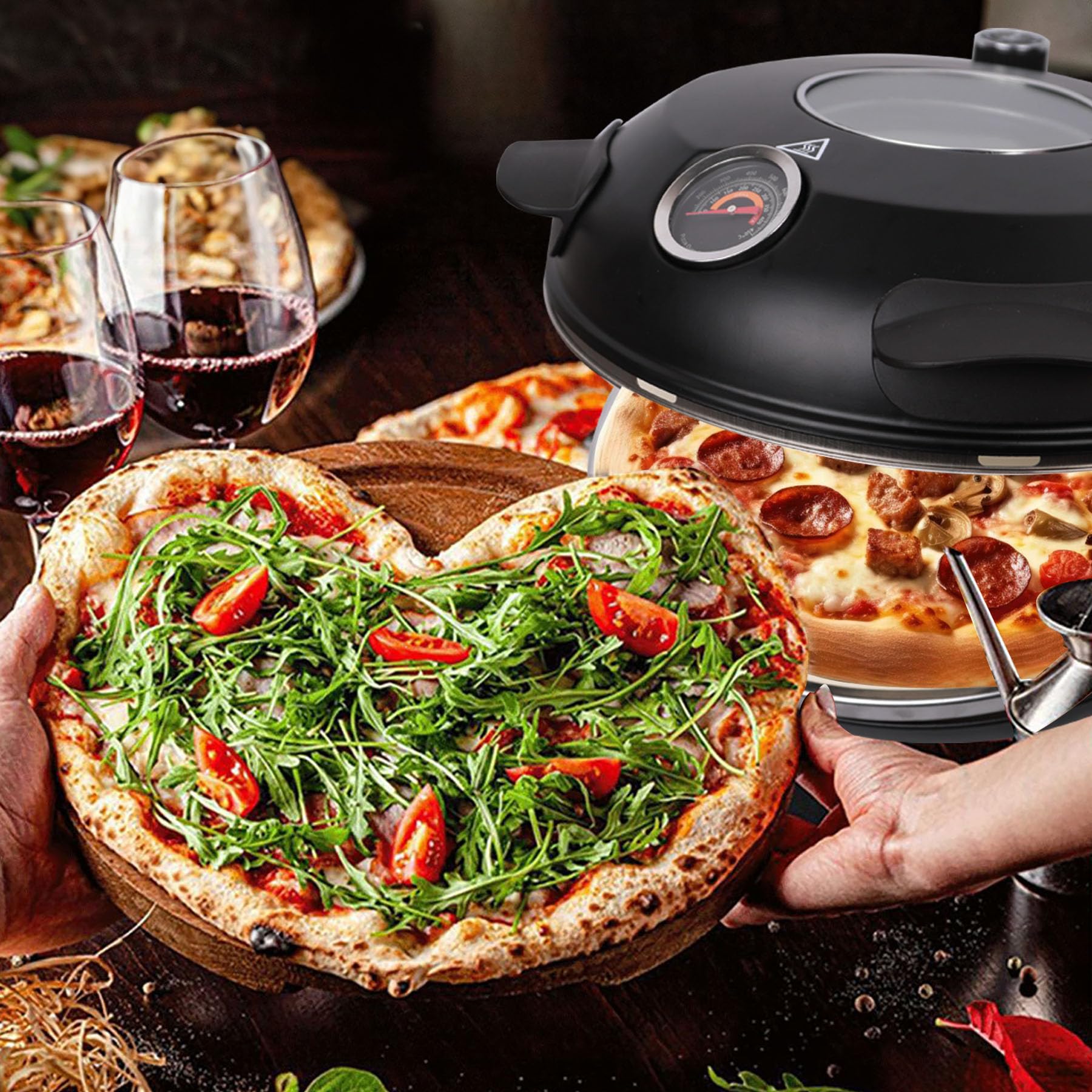 12 Inch Electric Pizza Oven Indoor - 1200W Portable Countertop Pizza Maker with Viewing Window, Heats Up to 800°F - Perfect for Home, Dorm, RV & Small Spaces - Make Restaurant-Quality Pizzas, Flatbreads & More