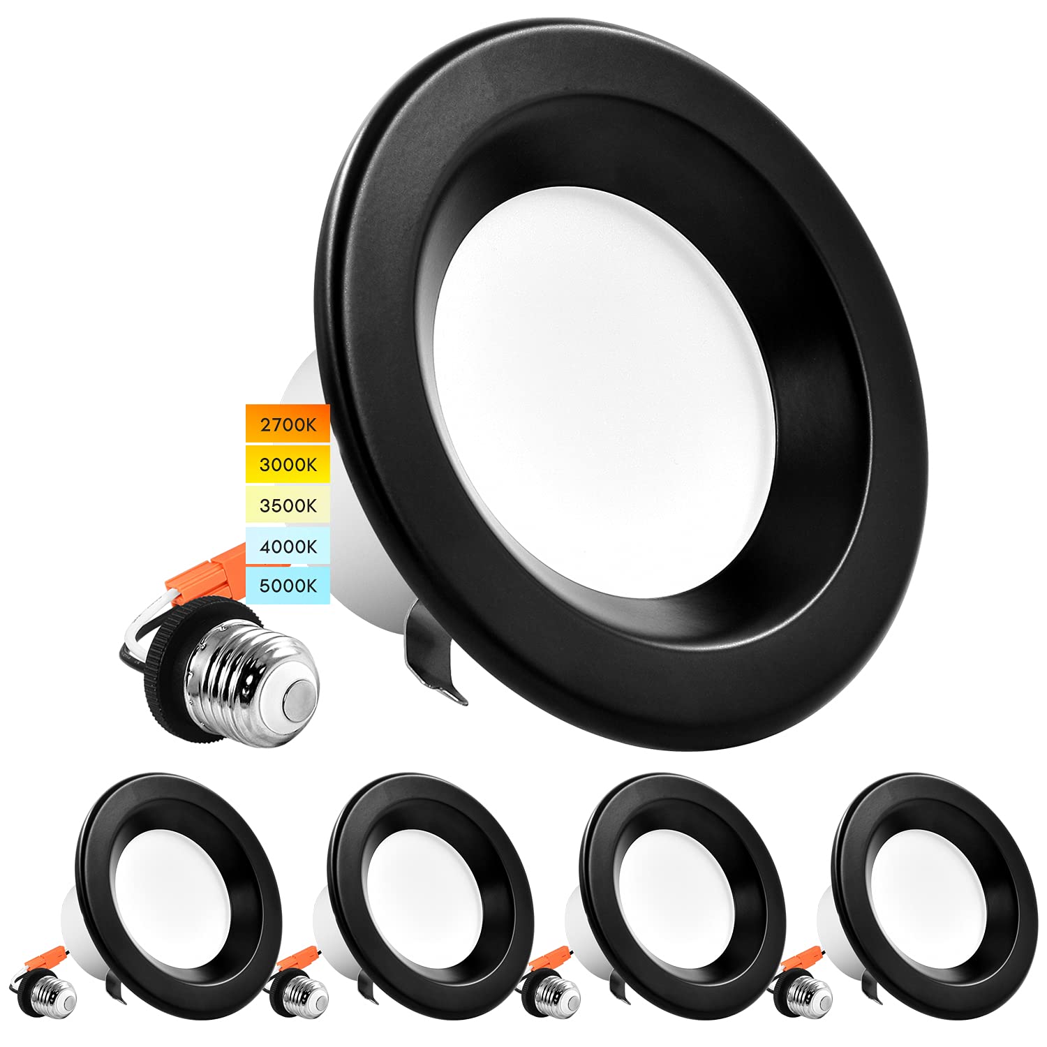 LUXRITE 4 Inch LED Recessed Can Lights - 10W (60W Equivalent) - Color Selectable 2700K-5000K - Dimmable Retrofit Downlights - 750 Lumens - Energy Star & Wet Rated - Black Trim (4 Pack) - Perfect for Kitchens, Bathrooms & Living Rooms