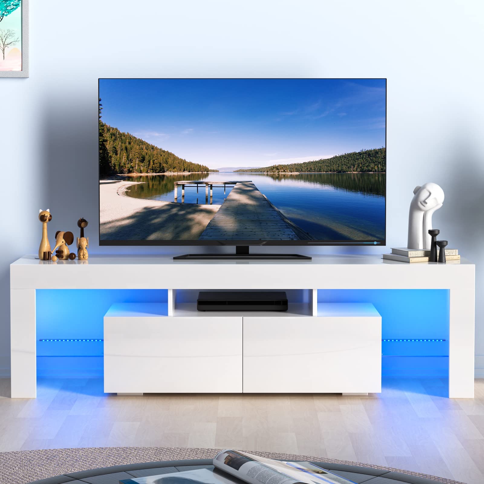 Modern RGB LED TV Stand for 60 65 70 Inch TVs - High Glossy Entertainment Center with Storage Shelves - Media Console for Living Room, Game Room & Bedroom (63