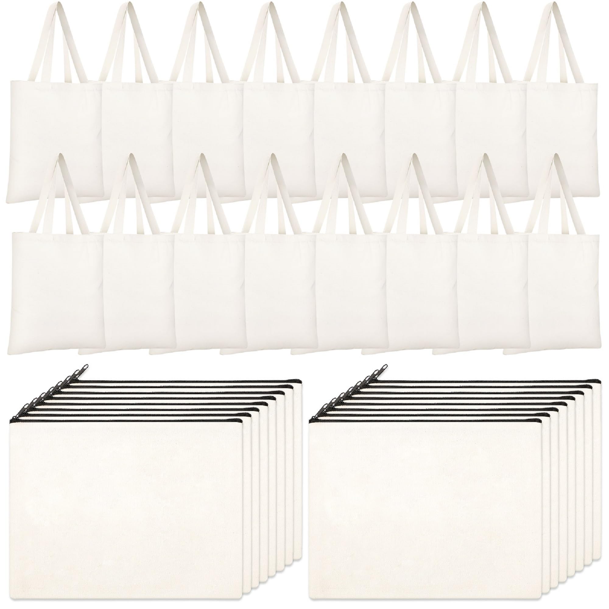Silkfly 32 Pcs DIY Canvas Tote Bags with Inner Pockets - Reusable Bulk Cosmetic Zipper Makeup Pouches for Gifts (Beige) | Perfect for Travel, Shopping & Organizing Beauty Essentials