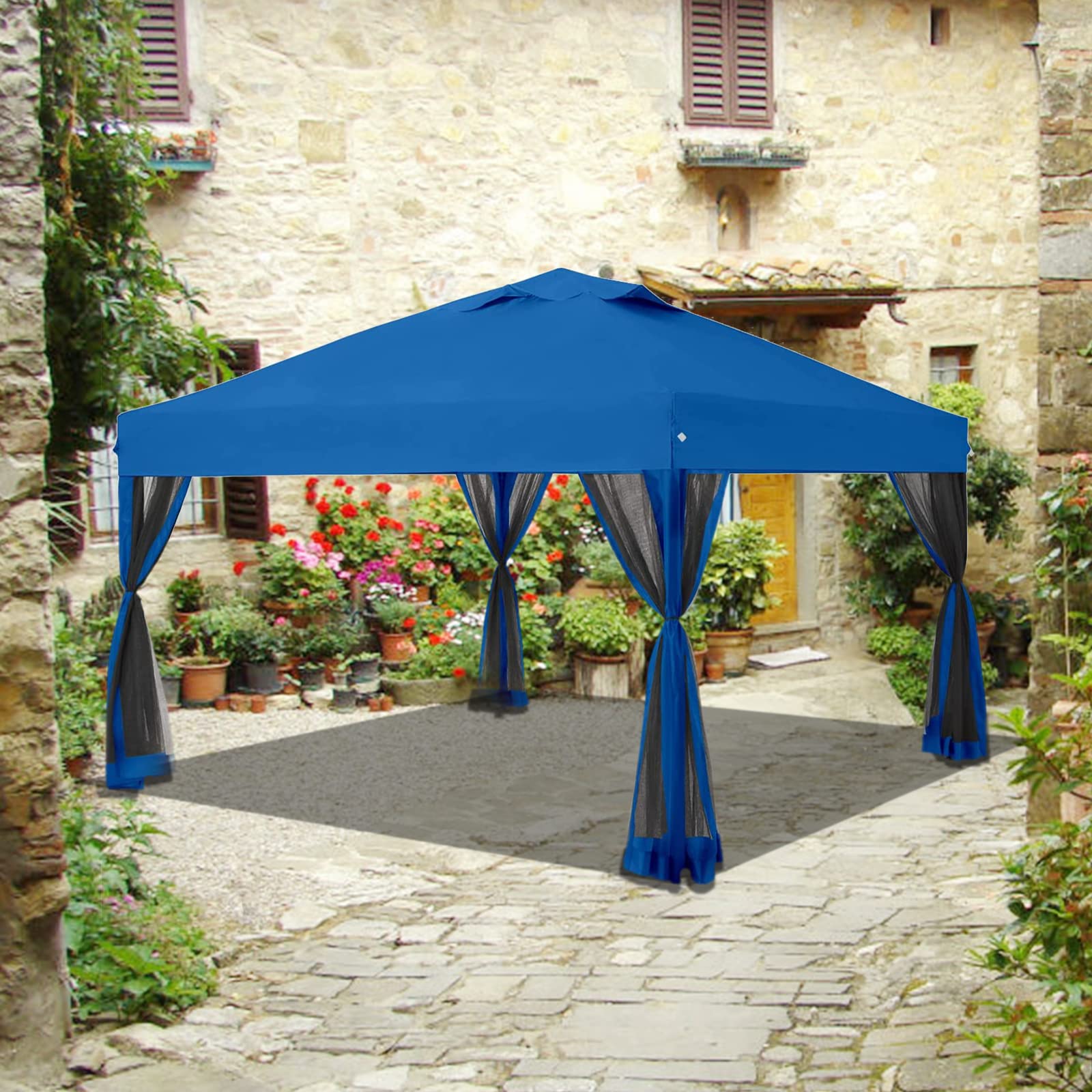 10x10 Pop Up Canopy Tent with Netting - CROWN SHADES Portable Gazebo for Outdoor Events, Includes 4 Ropes, 8 Stakes & 4 Weight Bags - Wheeled Storage Bag - Perfect for Patio, Backyard, Camping & Beach Parties (Blue)