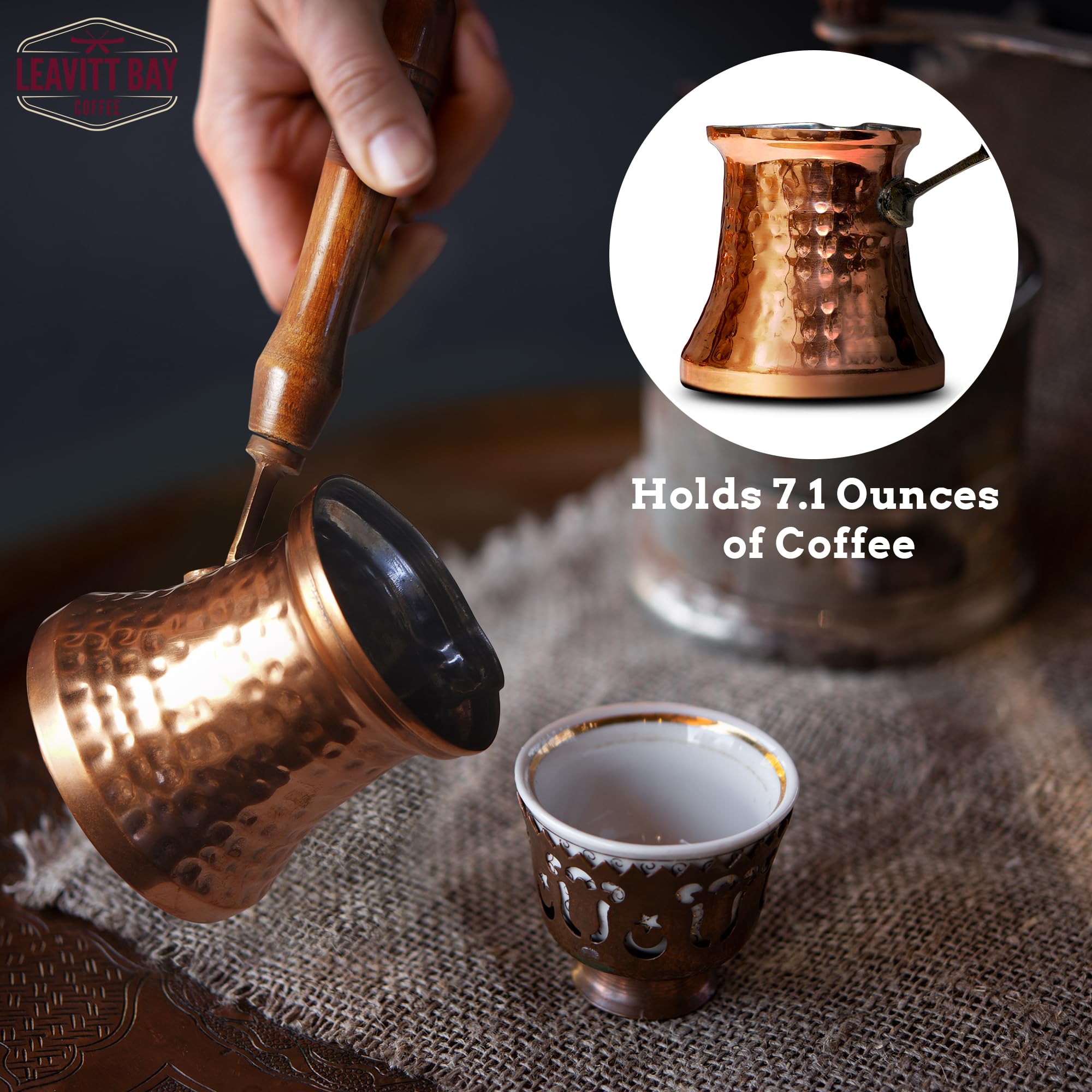 Authentic Hammered Copper Cezve Turkish Coffee Pot with Wooden Handle - Traditional Turkish & Greek Coffee Maker - Perfect Gift for Coffee Lovers - Ideal for Home Brewing, Camping & Turkish Coffee Ceremonies