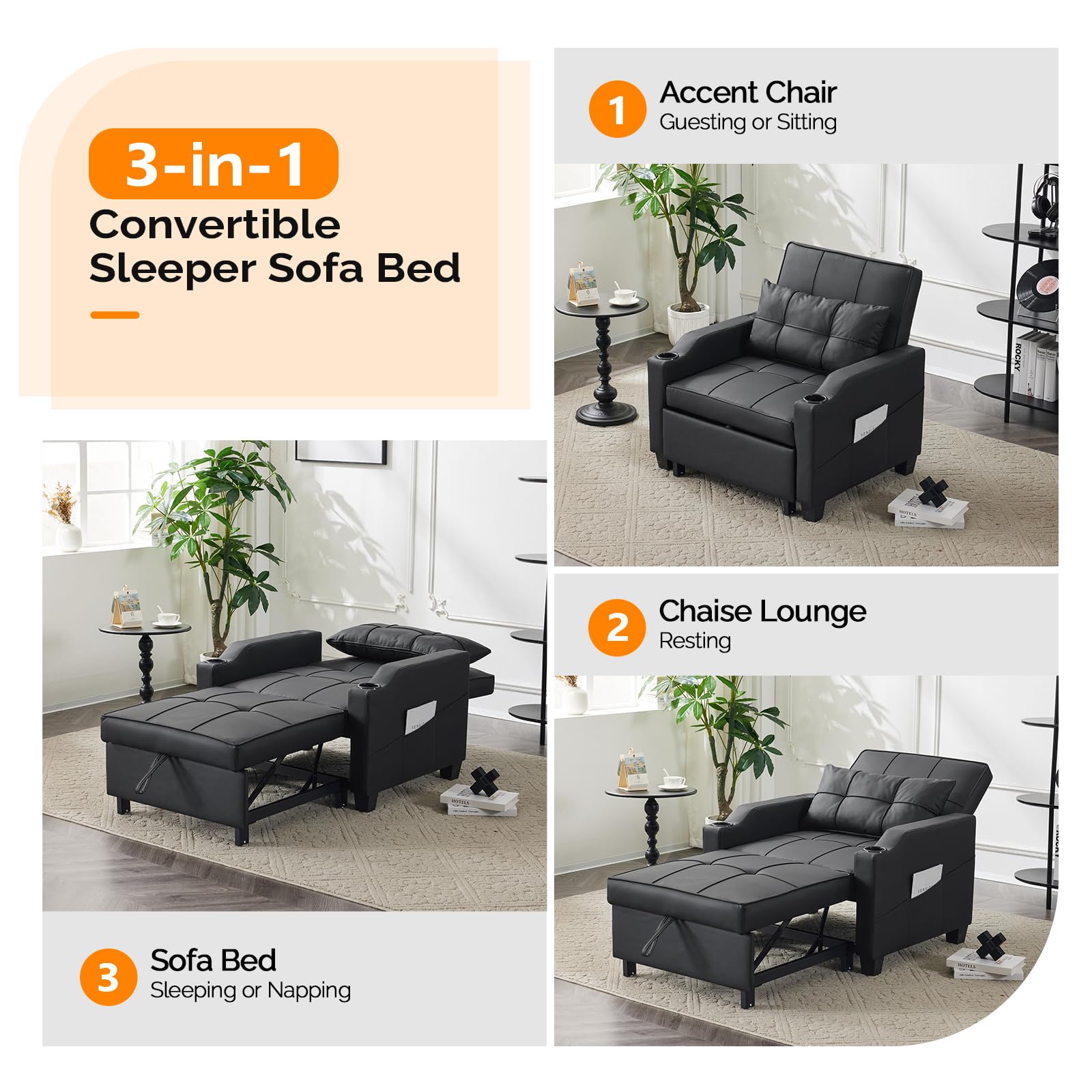 VINGLI 3-in-1 Convertible Sleeper Sofa Chair Bed - Recliner with Adjustable Backrest, USB Ports & Cup Holders - Black Daybed Pull Out Couch for Small Spaces - Perfect for Living Room, Guest Room & Studio Apartments
