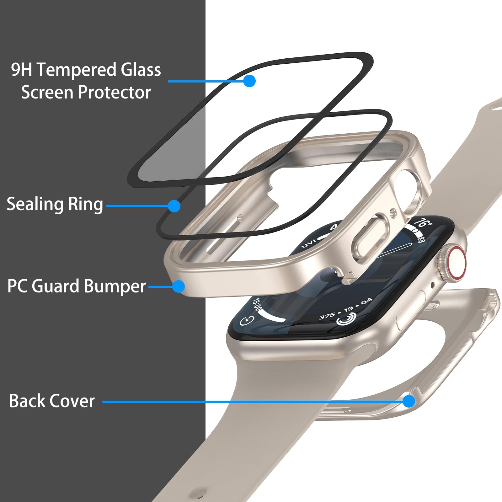 2 Pack Waterproof Case with 9H Tempered Glass Screen Protector for Apple Watch Series 9/8/7 41mm - Clear/Starlight | Full Body Protection, Shockproof Bumper Cover | Perfect for Swimming, Running & Outdoor Activities