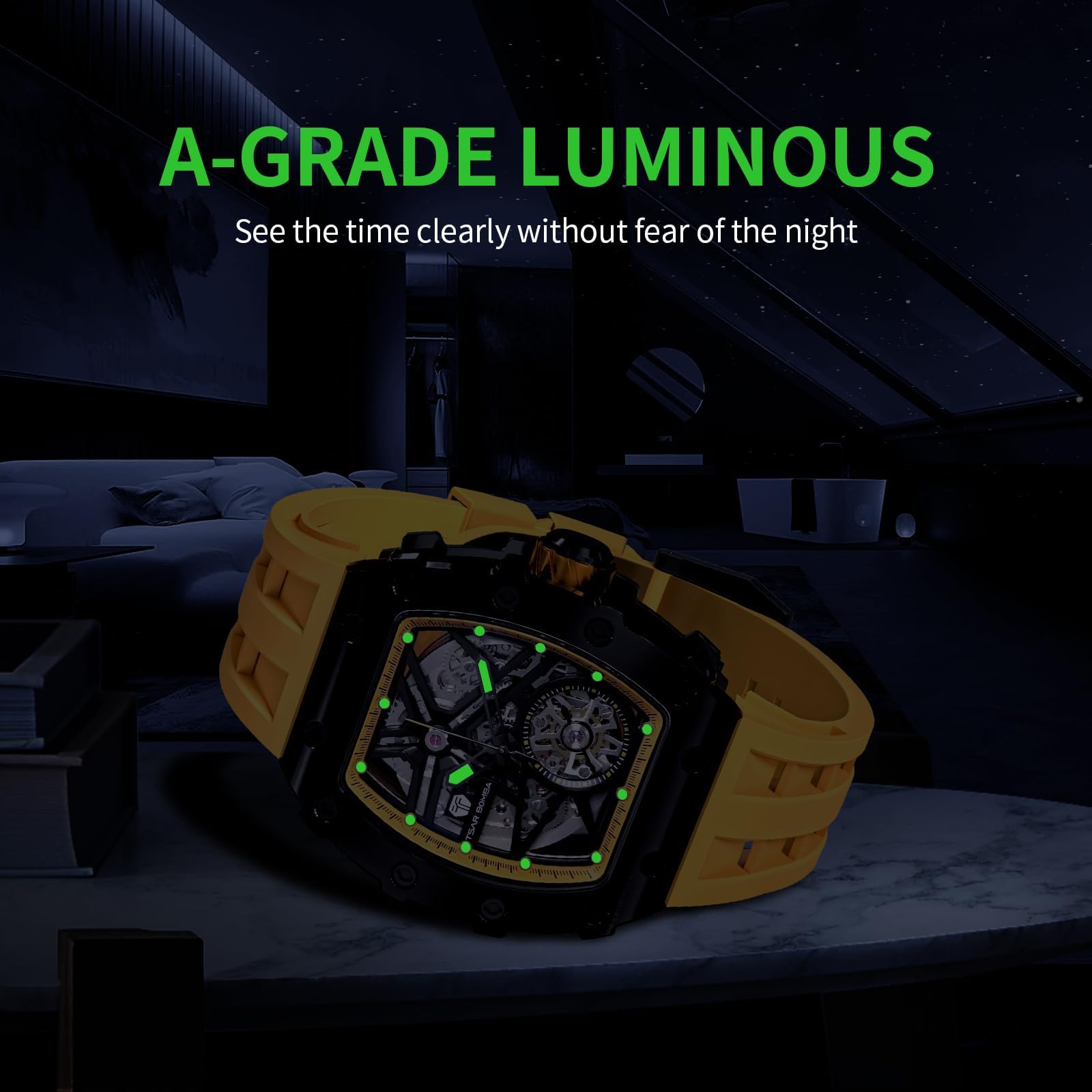 TSAR BOMBA Men's Luxury Automatic Skeleton Watch - Silver Square Big Face with Silicone Strap - 50M Waterproof Analog Watch for Business, Casual & Formal Wear - Unique Cool Gift for Men