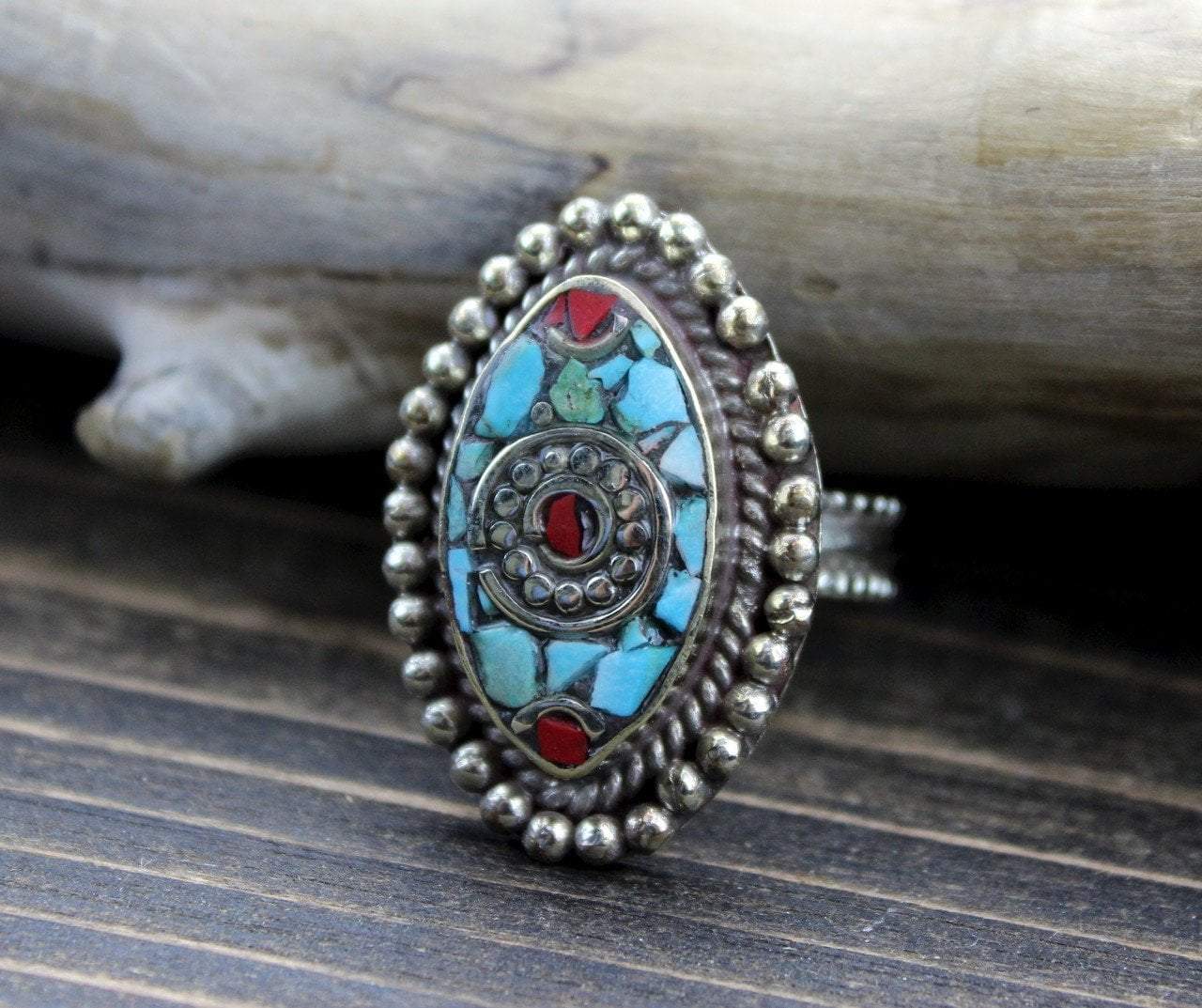Adjustable Tibetan Coral and Turquoise Ring for Women - Handmade Boho Jewelry, Spiritual Healing Stone Ring, Unique Gift for Yoga & Meditation Lovers
