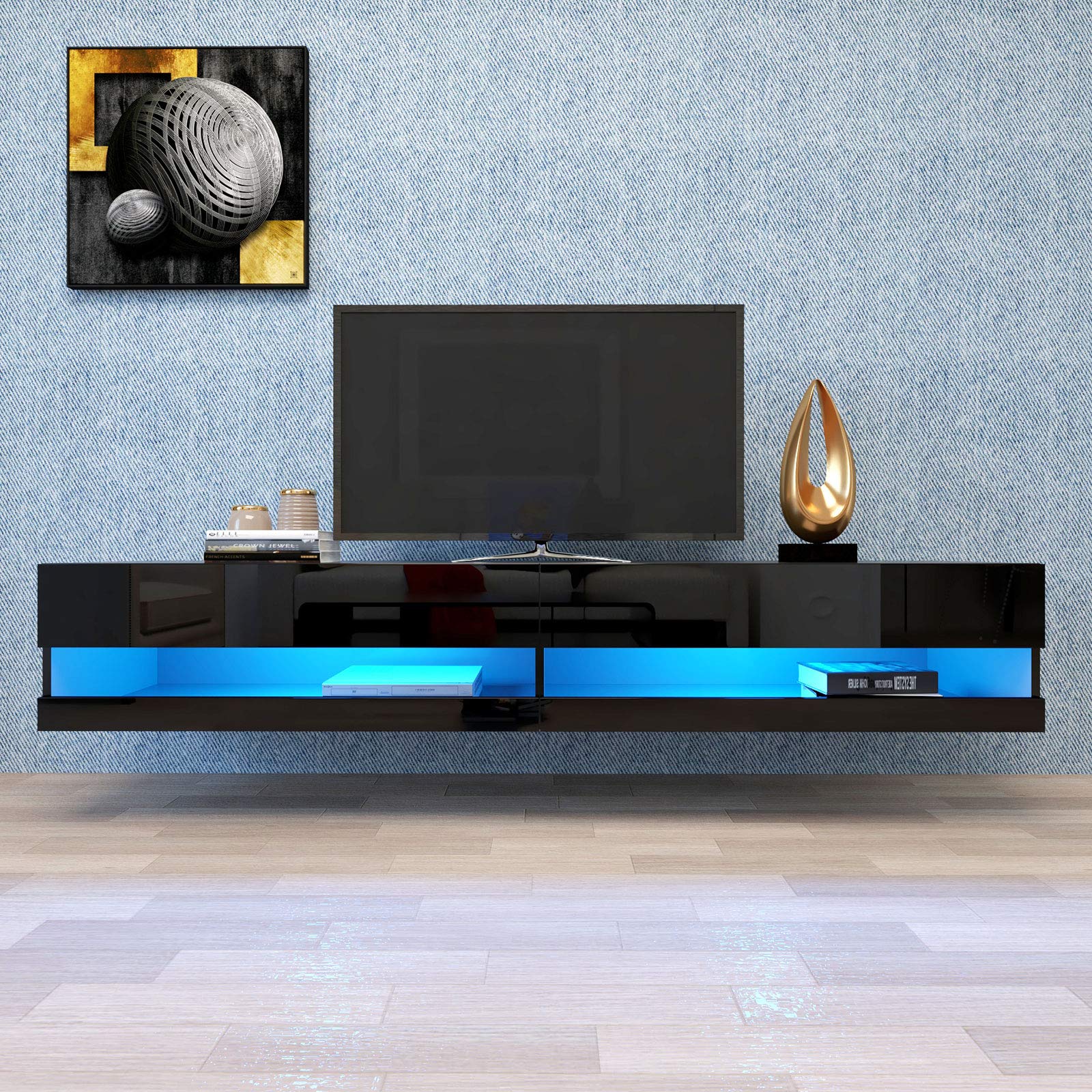Universal Floating TV Stand Wall Mount for 75-80 Inch TVs - Modern LED Media Console with 20 Color Options - Black Entertainment Center for Living Room, Bedroom & Home Theater