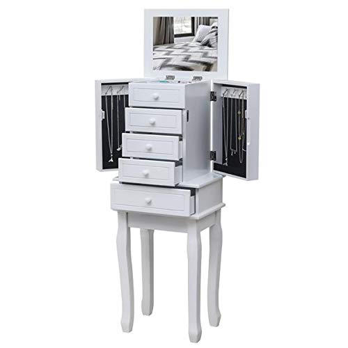 Standing Jewelry Armoire with Mirror - 5 Drawers, 14 Necklace Hooks & Removable Ring Storage - White Jewelry Cabinet Organizer with Swing Doors for Bedroom, Closet & Dressing Room