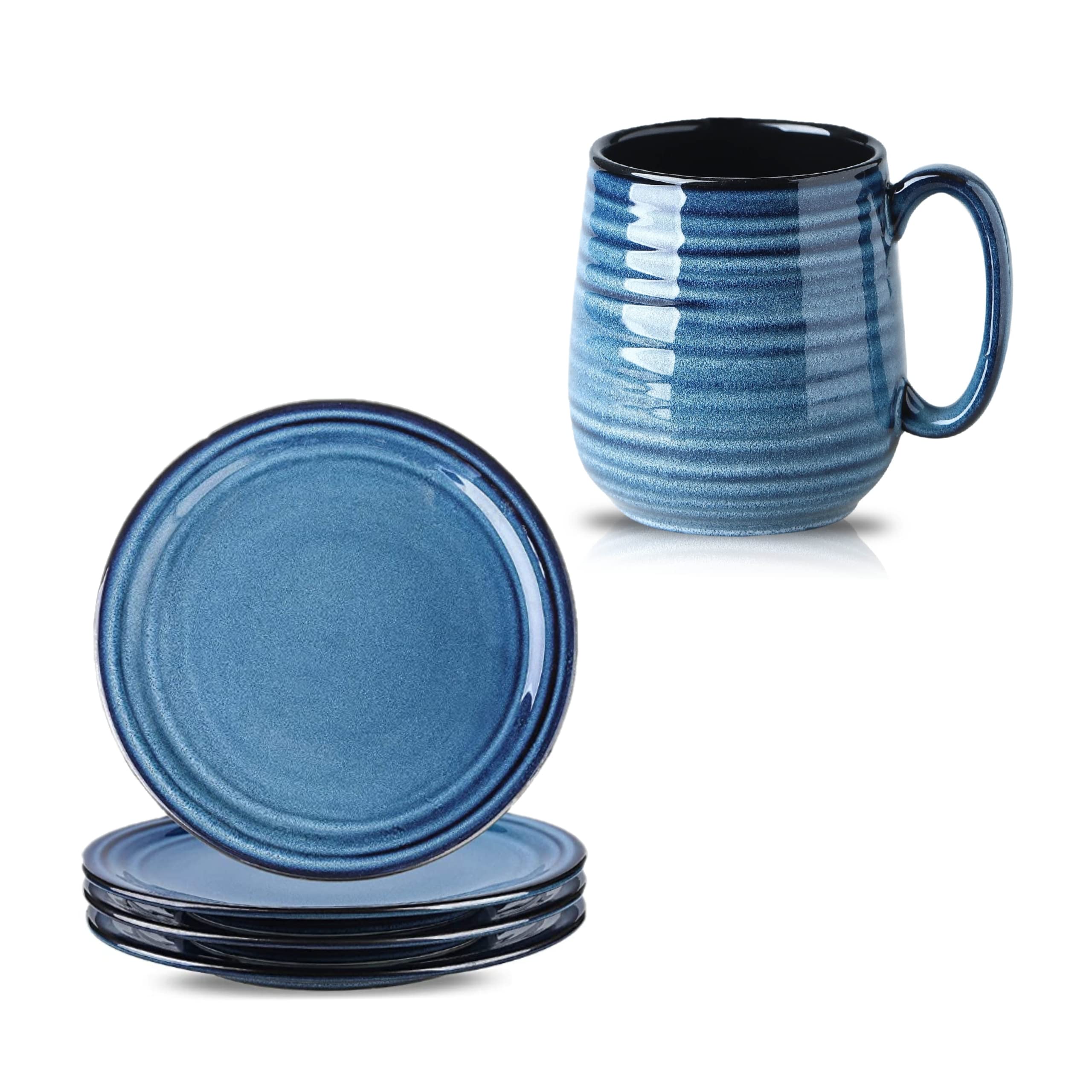 Hasense 20 oz Ceramic Coffee Mug & 10 Inch Dinner Plate Set - 5 Piece Blue Kitchenware for Coffee, Tea, Breakfast, and Dining - Perfect for Home, Office, and Restaurant Use
