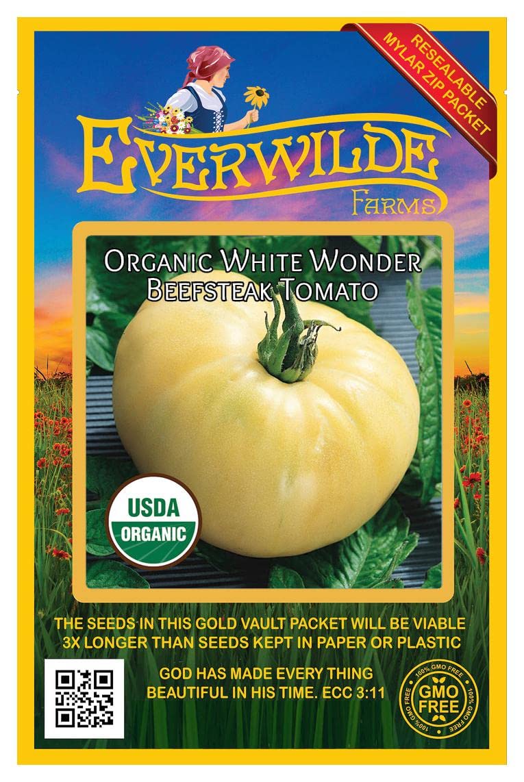 Organic White Wonder Beefsteak Heirloom Tomato Seeds - 25 Count - Non-GMO, Open Pollinated - Perfect for Home Gardens, Greenhouses & Container Planting - Gold Vault Packet by Everwilde Farms