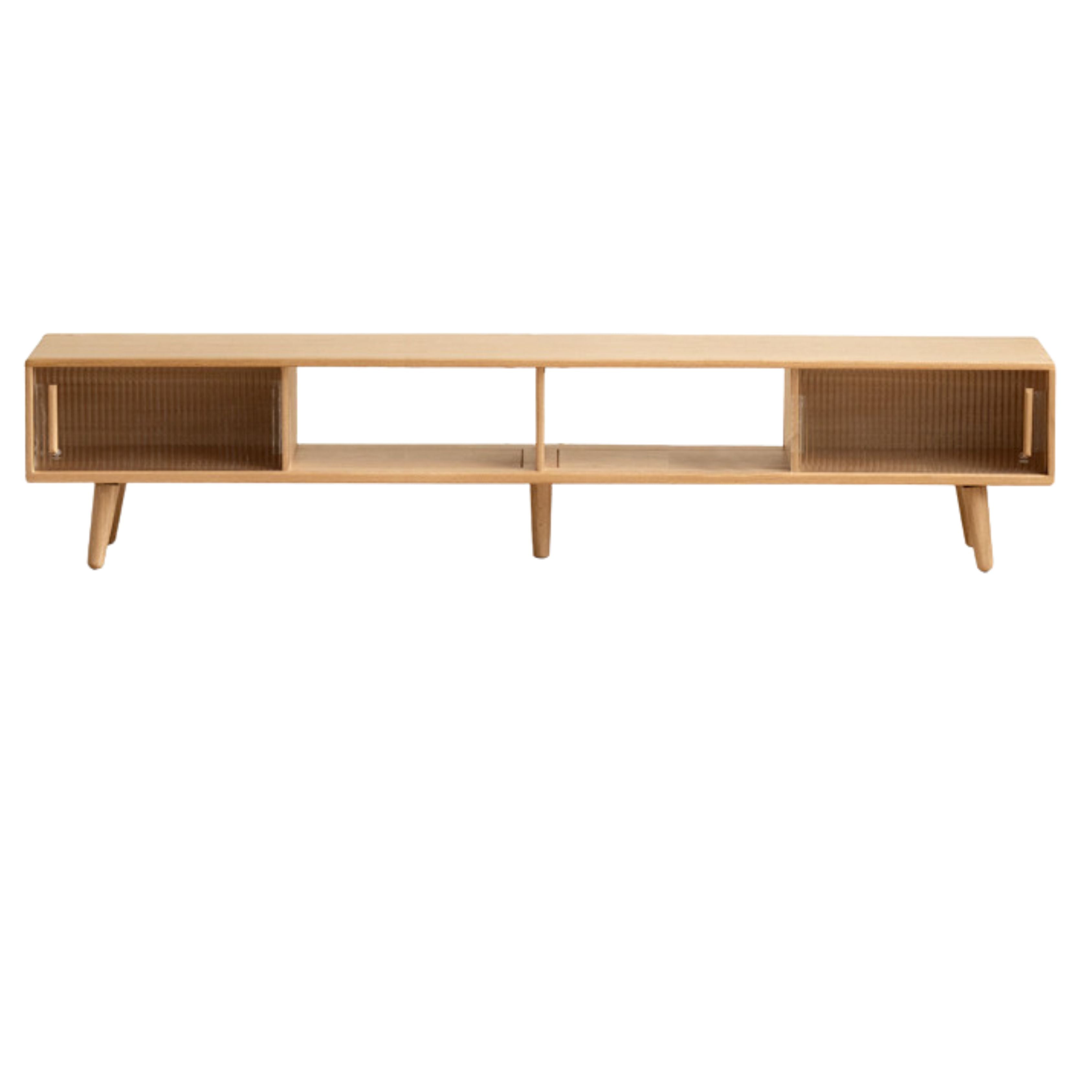 Solid Oak Wood TV Stand with Glass Sliding Doors - Rustic Rubber Wood Entertainment Center for Living Room, Bedroom & Home Theater