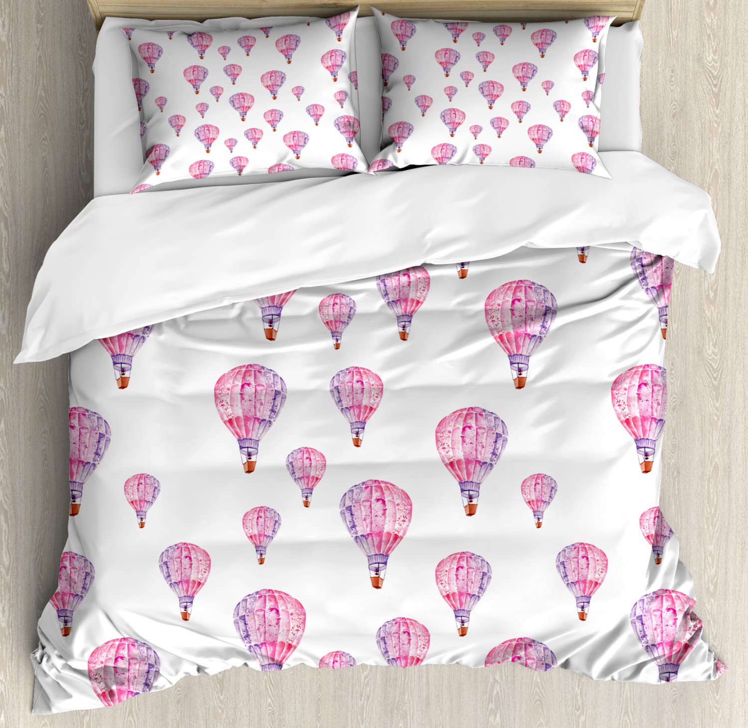 Ambesonne Vintage Hot Air Balloon Duvet Cover Set - 2 Twin Size Duvet Covers & 2 Pillowcases, Pink Lavender Floral Print, Soft Bedding for Romantic Bedroom Decor, Perfect for Guest Rooms & Cozy Retreats