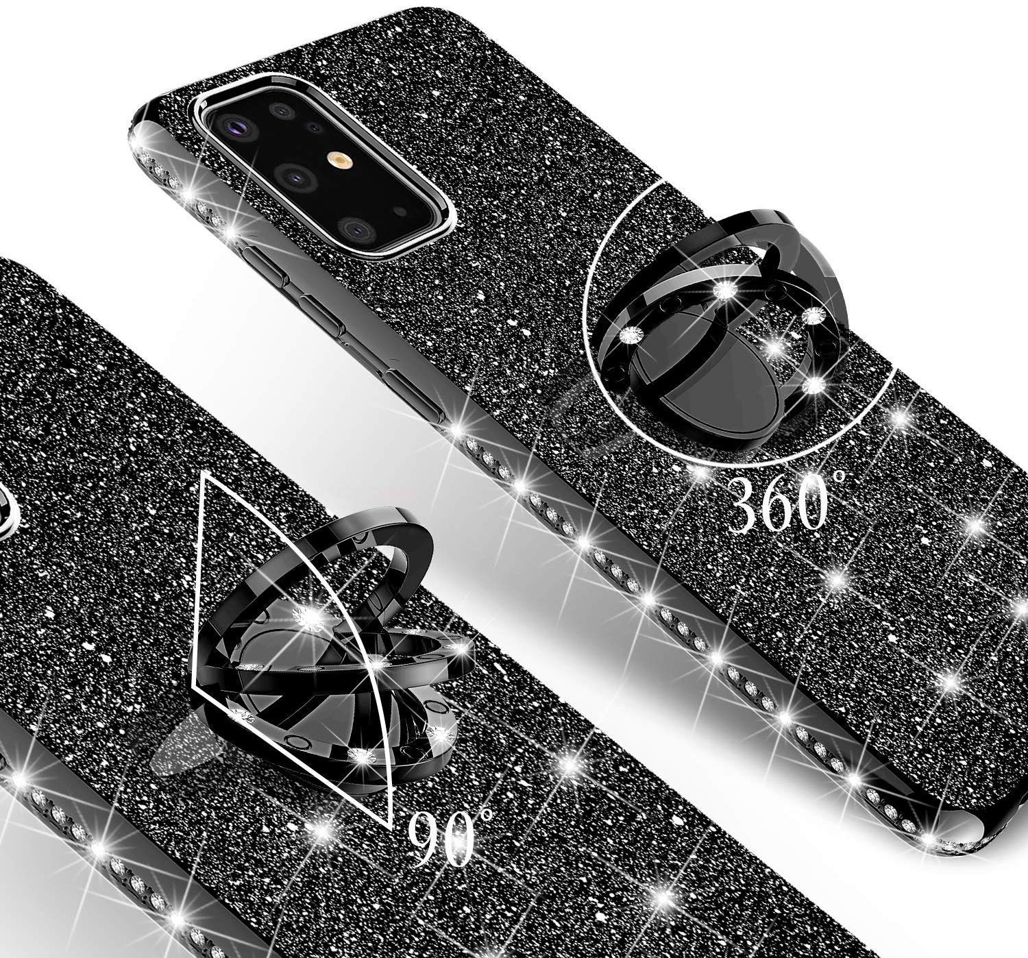 Samsung Galaxy S20 Plus Case - SOGA Glitter Diamond Rhinestone TPU Phone Cover with Ring Stand & Lanyard for Women | Shockproof Protective Case for Everyday Use, Work & Travel (Black)