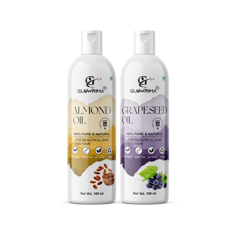 Glowrima 100% Pure Almond Oil & Grapeseed Oil Combo (100ML Each) - For Rapid Hair Growth, Anti Hair Fall, Split Ends Repair & Shiny Hair - Perfect for Daily Hair Care & Scalp Massage - Pack of 2
