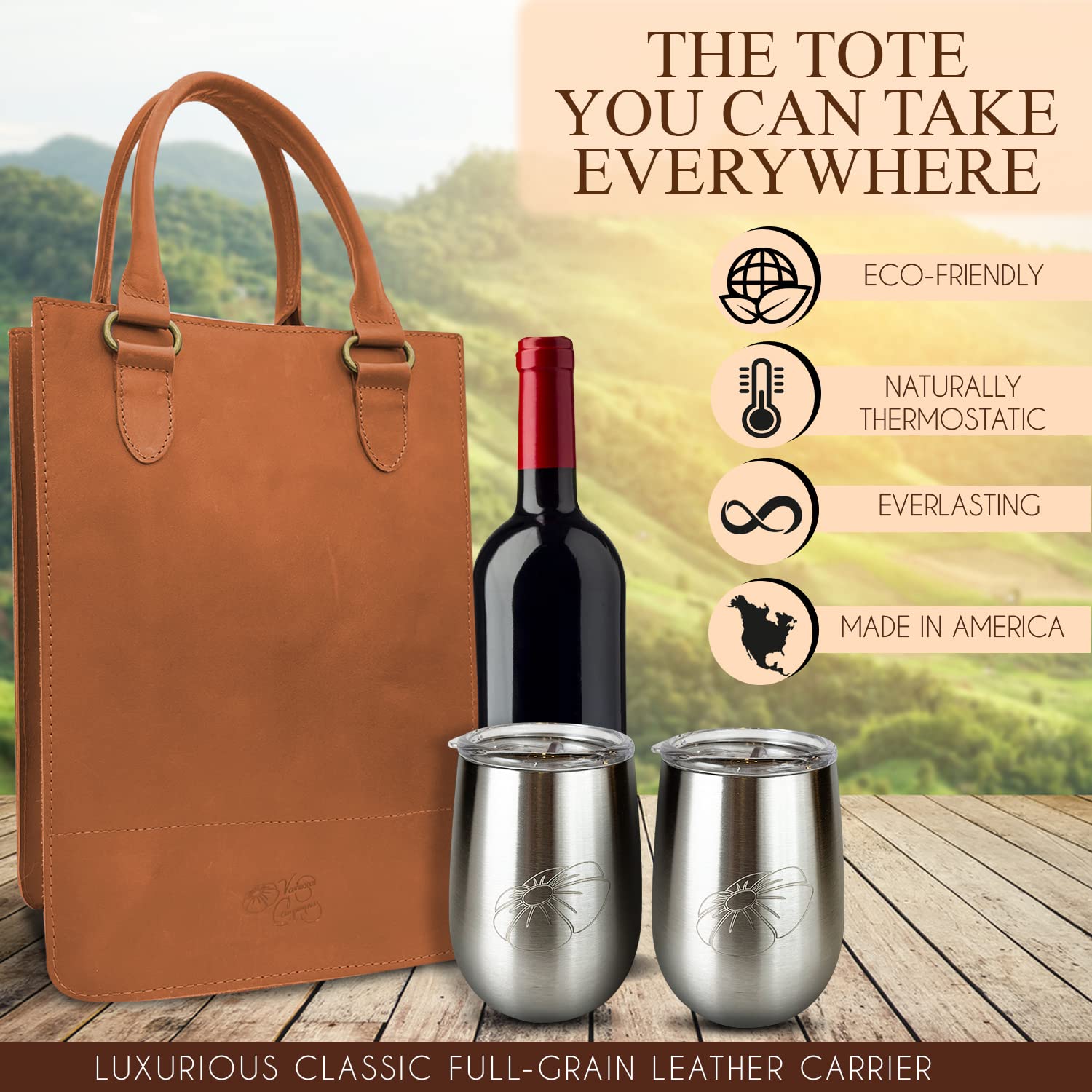 Premium Leather Wine Carrier for 2 Bottles with 2 Stainless Steel Tumblers - Elegant Travel Gift Set for Wine Enthusiasts | Perfect for Picnics, Parties & Romantic Getaways